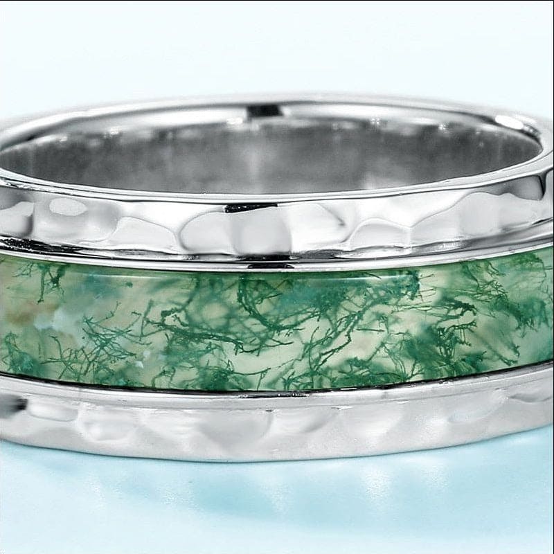 Natürlicher Moosachat Streamline Inlay Bandring - S925 Sterling Silber