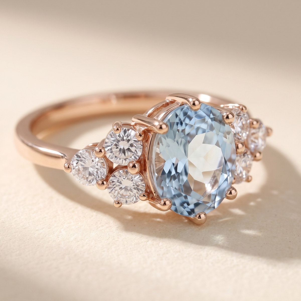 The Fiorella blue oval cluster moissanite ring in rose gold, macro close-up