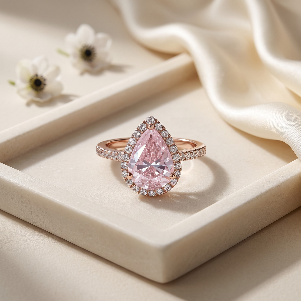 The Sabira pink pear moissanite halo ring in rose gold, isolated product view