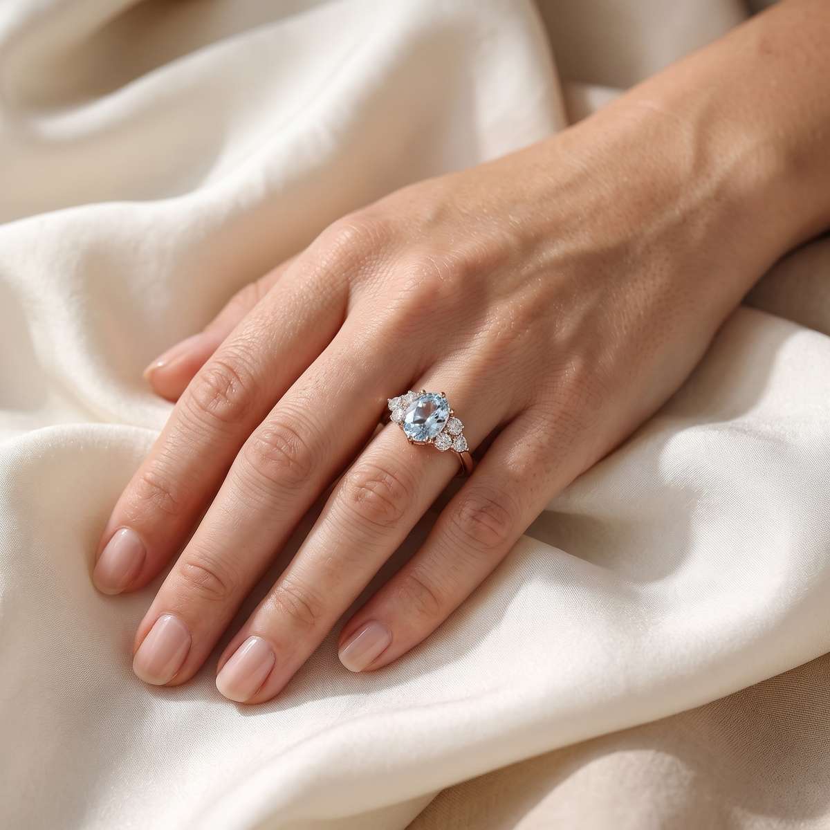The Fiorella rose gold blue oval cluster ring worn on a model hand
