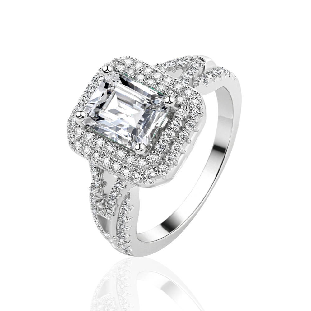 2CT Emerald Cut Dubbele Halo Moissanite Ring