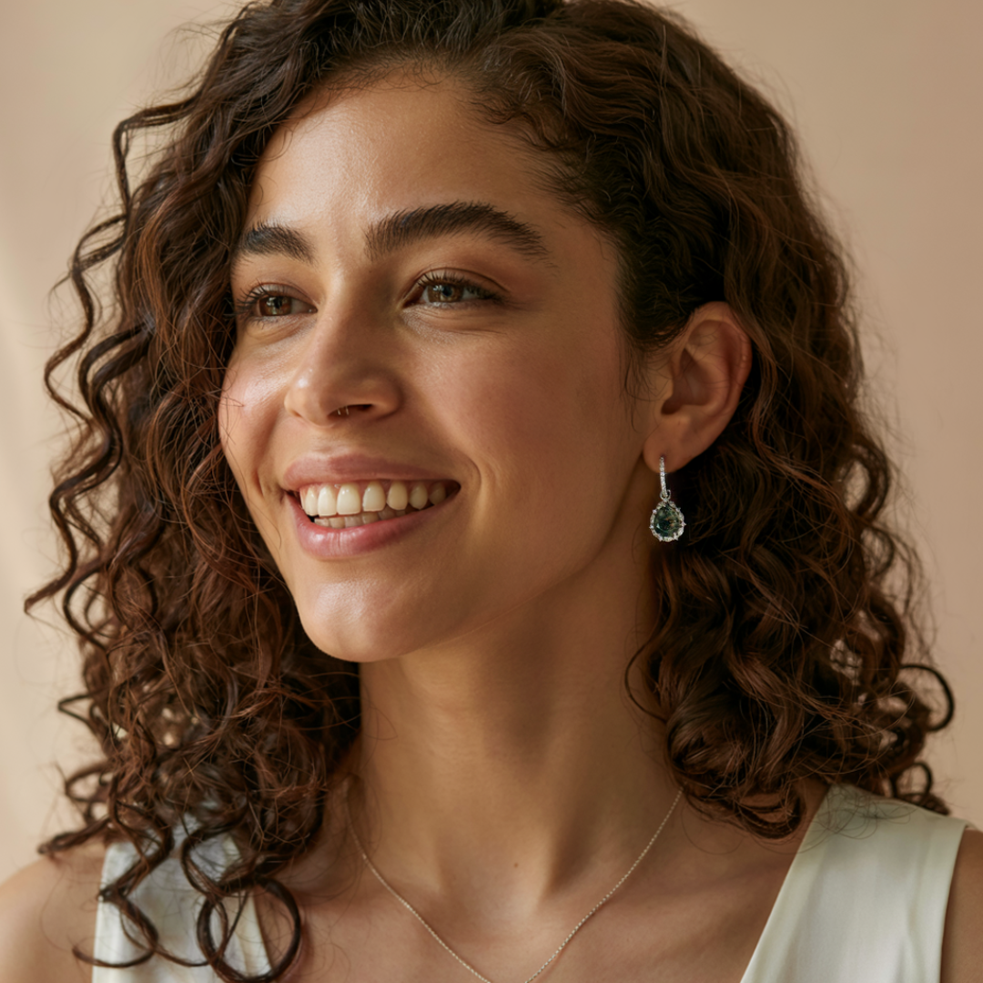 Tropfenförmige Halo-Ohrringe aus natürlichem Moosachat – S925 Sterling Silber