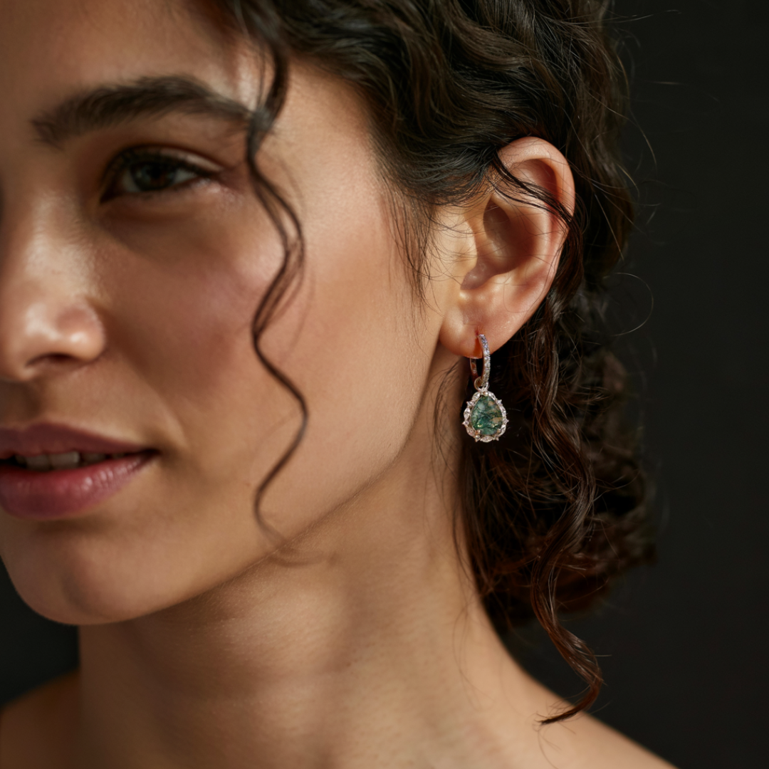 Tropfenförmige Halo-Ohrringe aus natürlichem Moosachat – S925 Sterling Silber