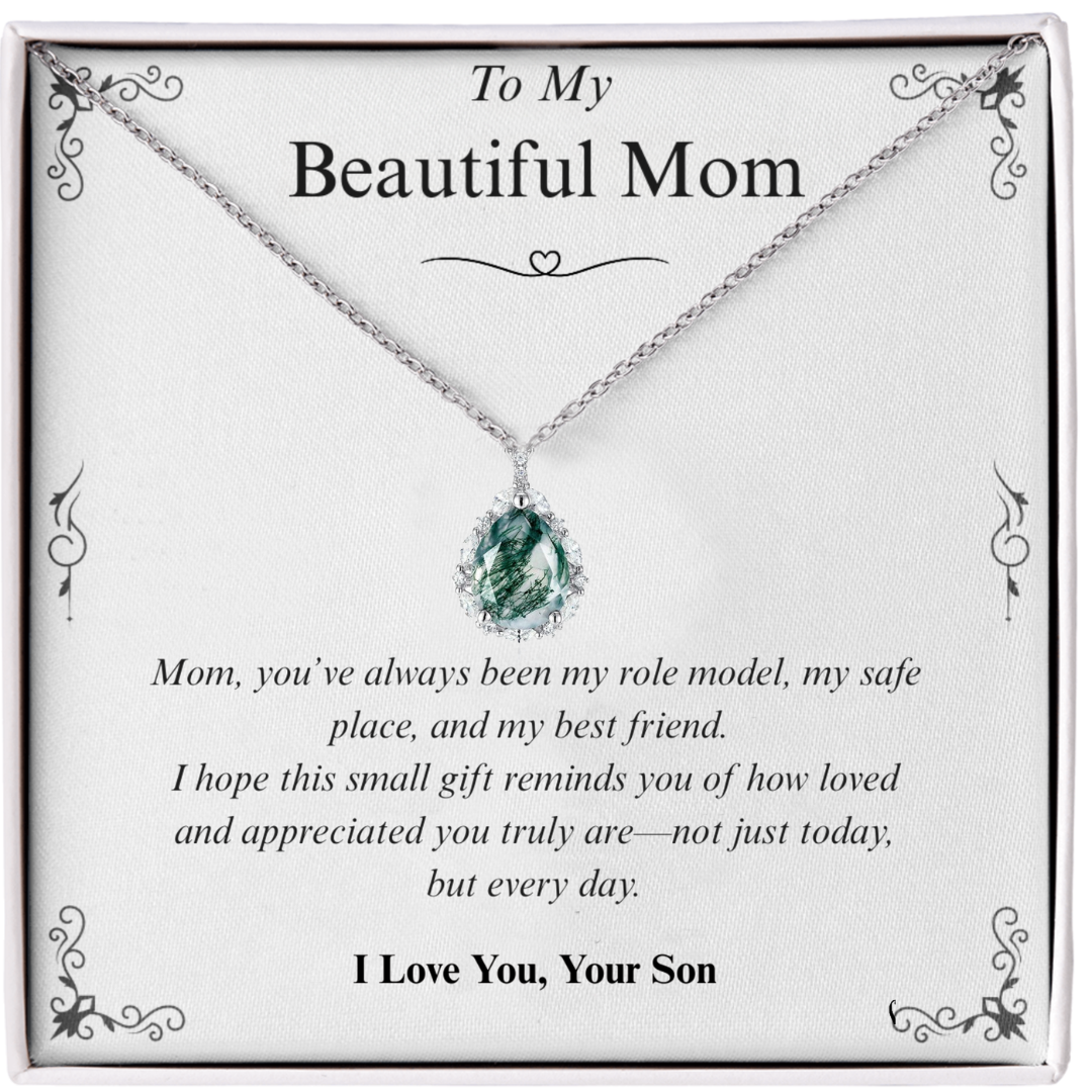 To My Beautiful Mom | Teardrop Moss Agate Necklace