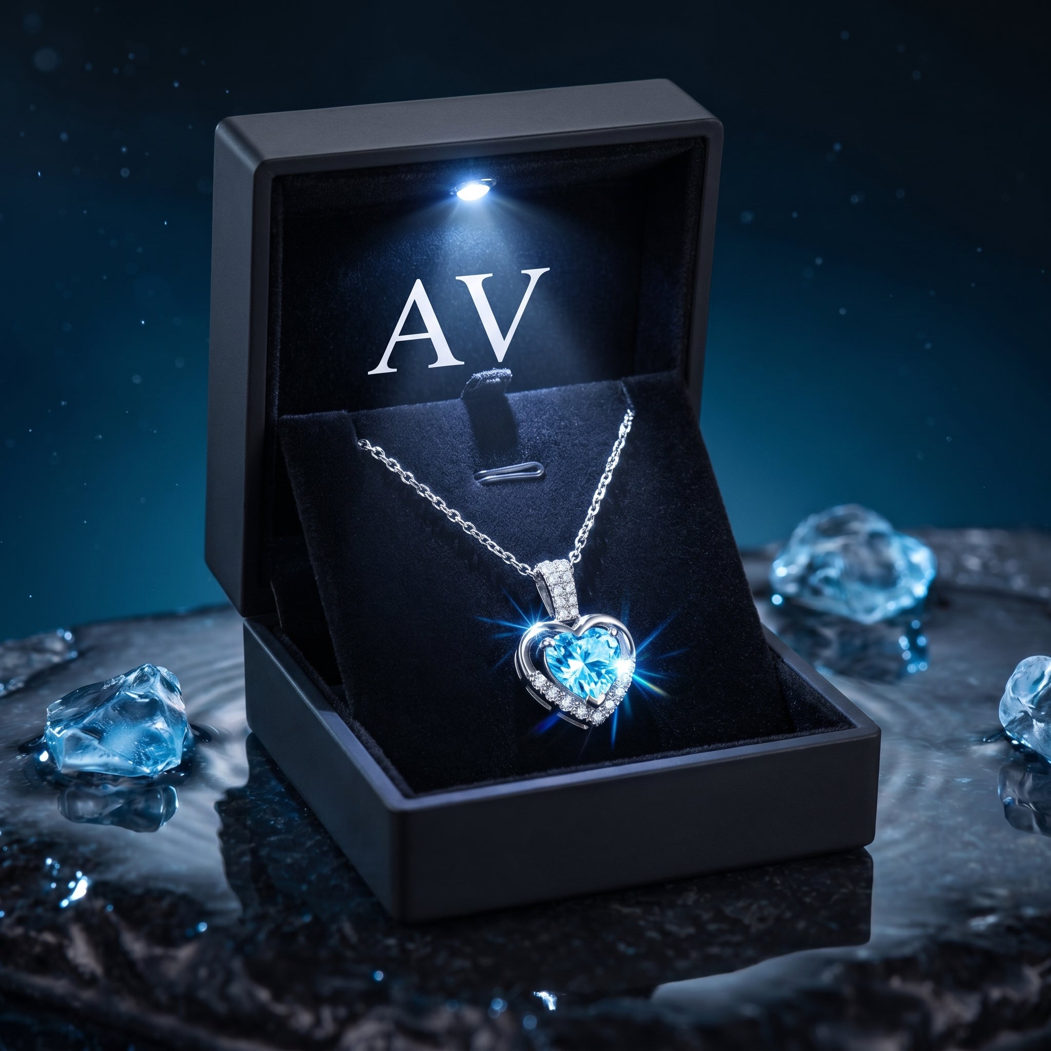Heart-cut aquamarine platinum necklace in a black LED-lit presentation box on a dark wet surface.