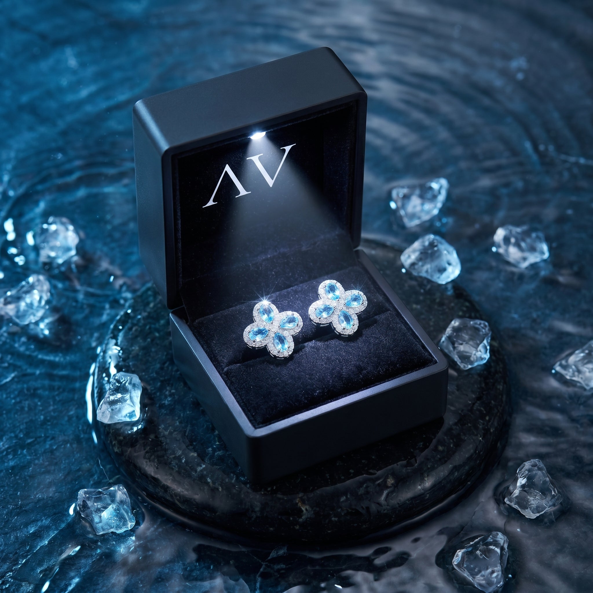 Silver floret aquamarine cluster earrings displayed in a black LED-lit jewelry box on a wet, icy surface.