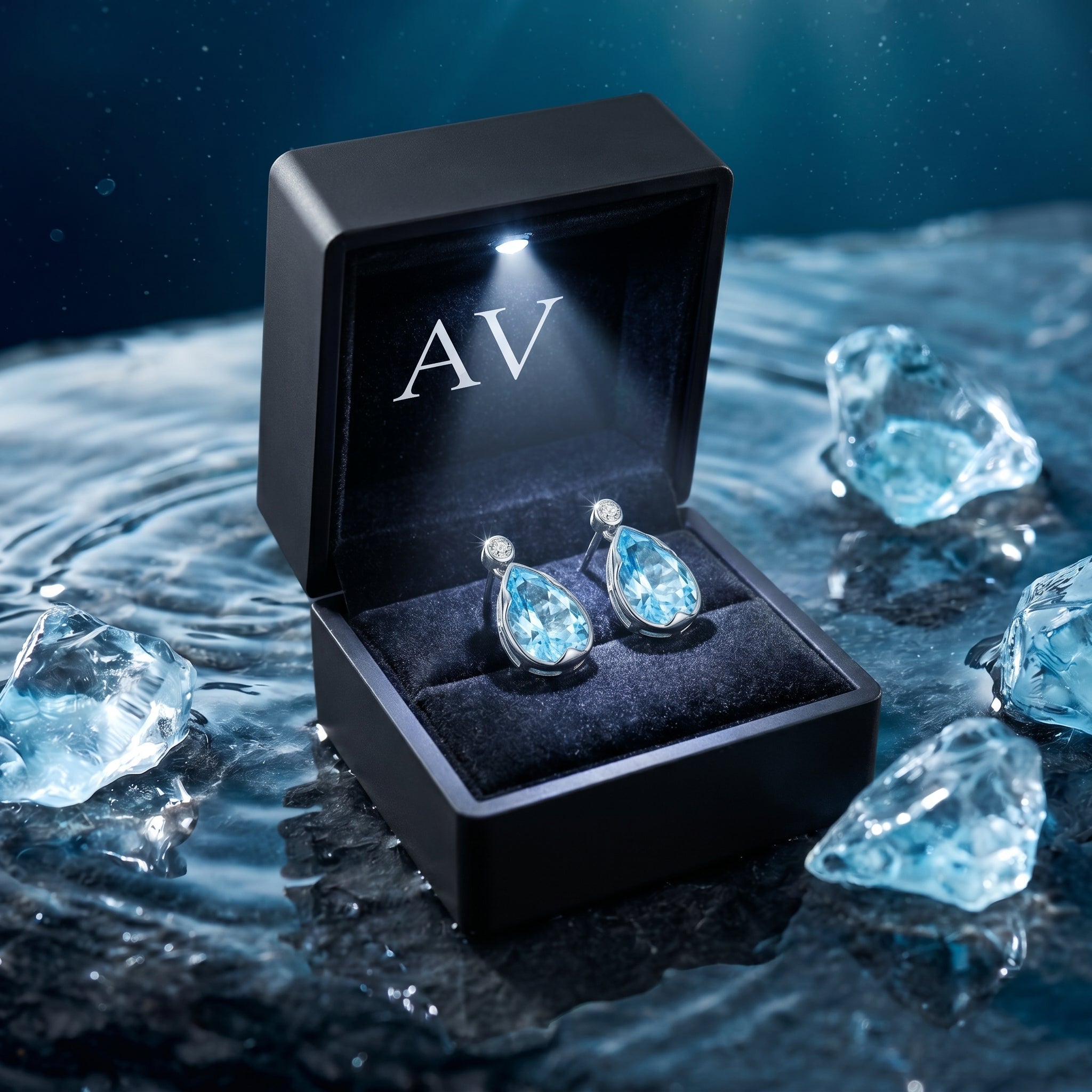 Pear cut aquamarine platinum earrings presented in a black light-up gift box on a styled watery background.