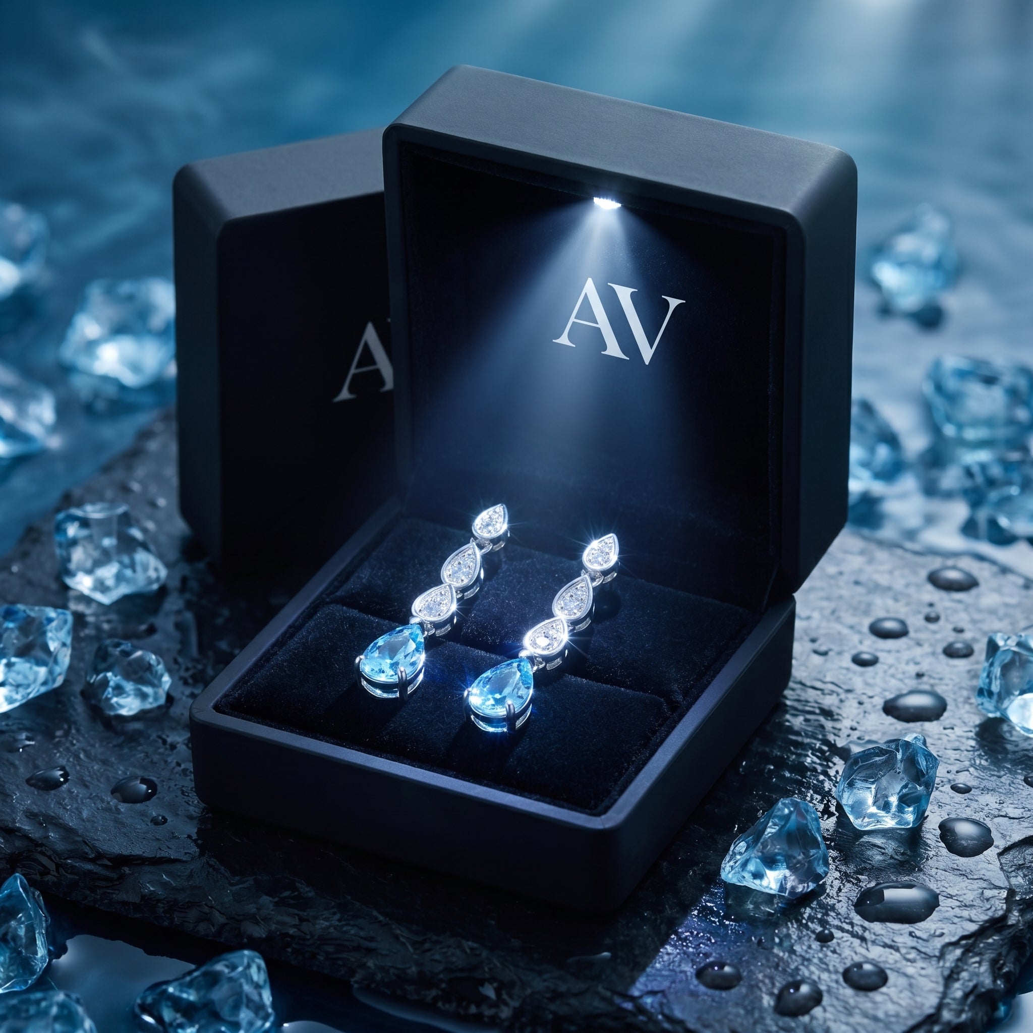 Platinum pear cut aquamarine drop earrings in a lighted black jewelry gift box.
