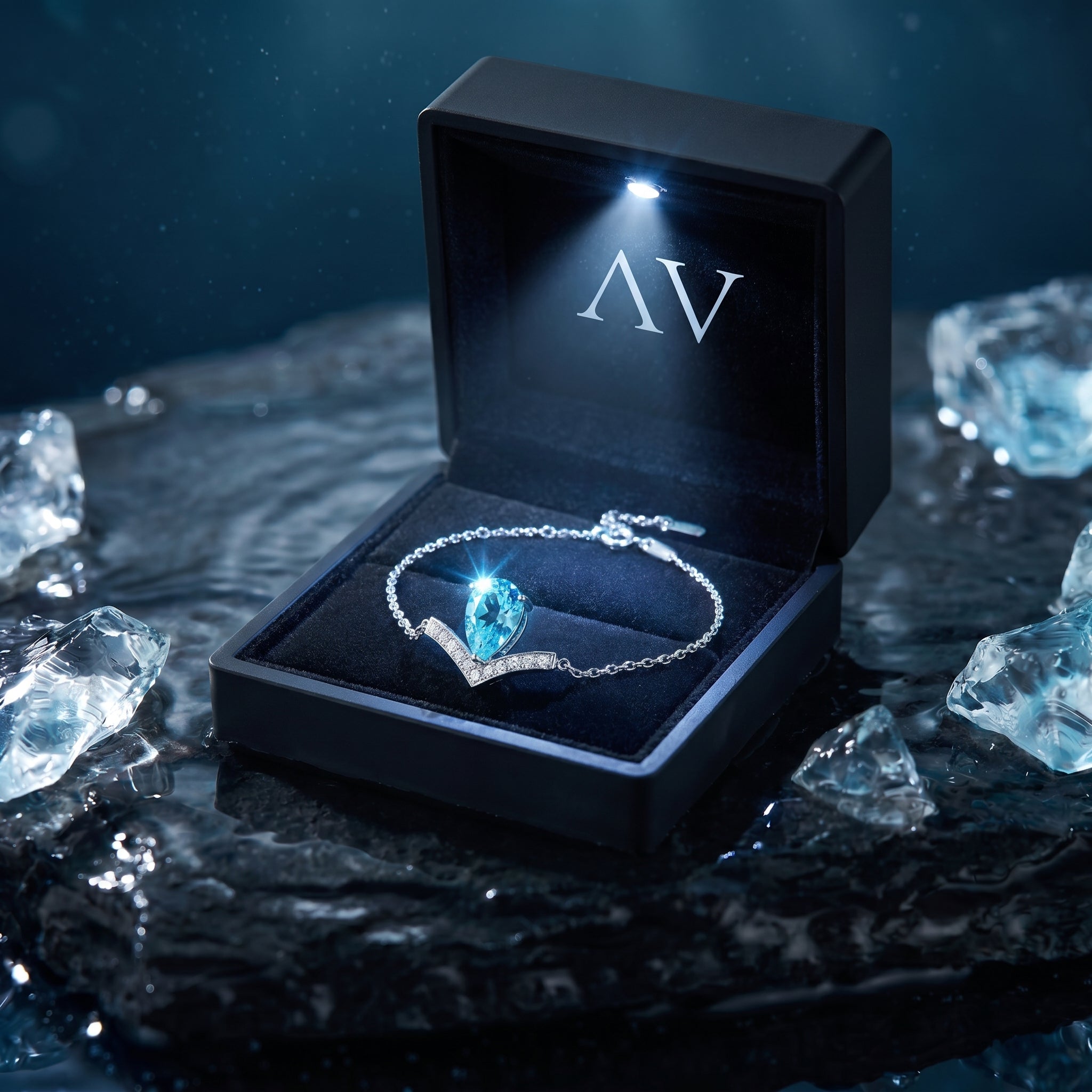 Pear-cut natural aquamarine Pt950 platinum bracelet with diamond accents in a lighted black jewelry box.
