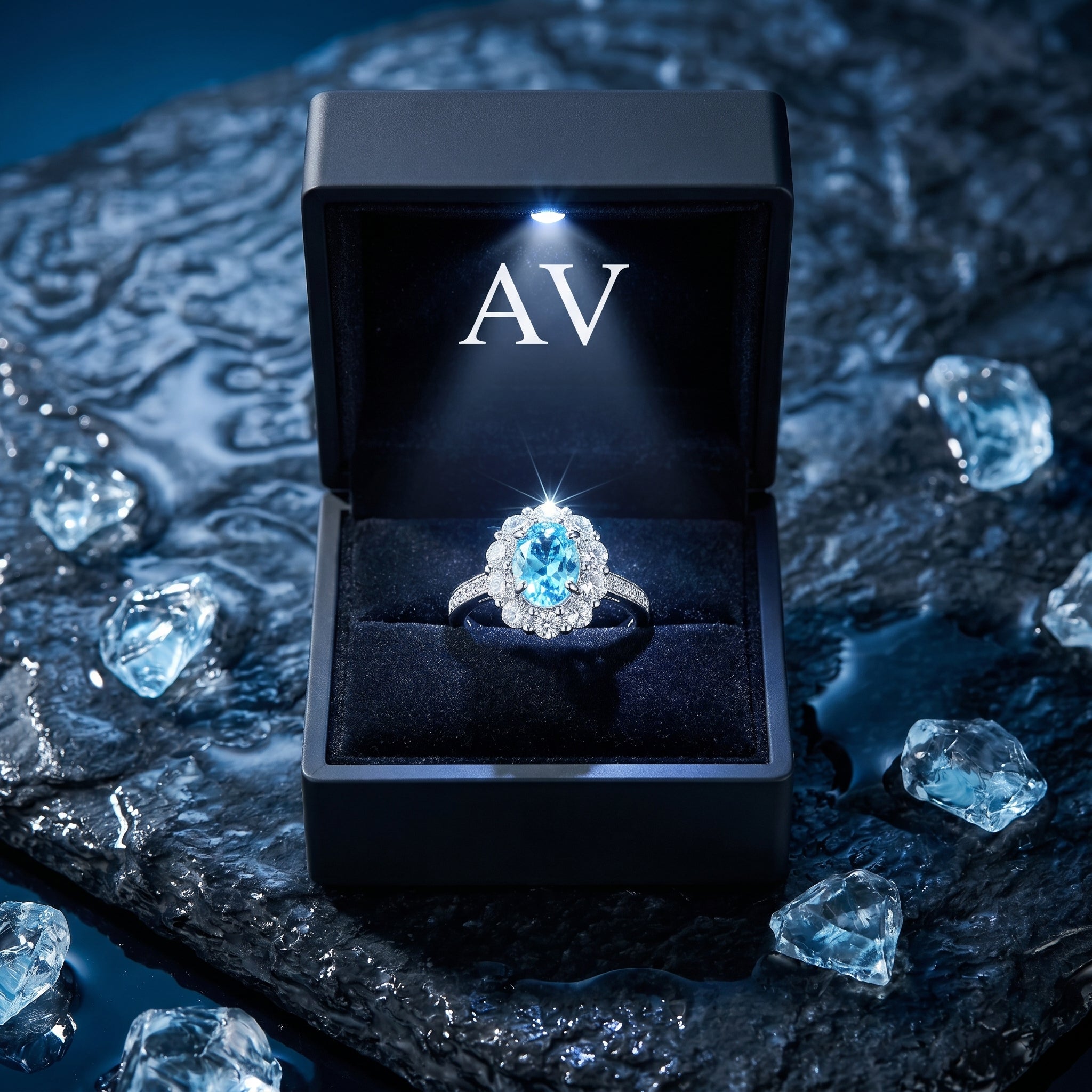 Oval cut aquamarine halo ring presented in a black lighted gift box with the AV logo on a dark background.