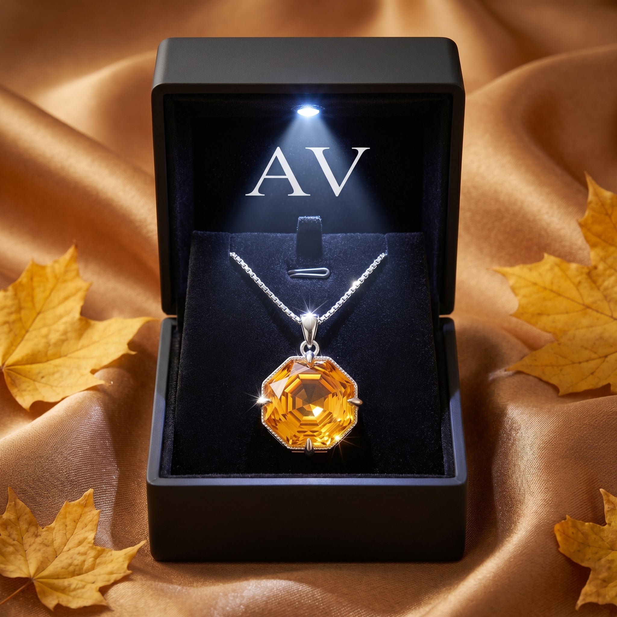 Natural citrine necklace presented in a lighted black gift box, styled with autumn leaves on silk fabric.