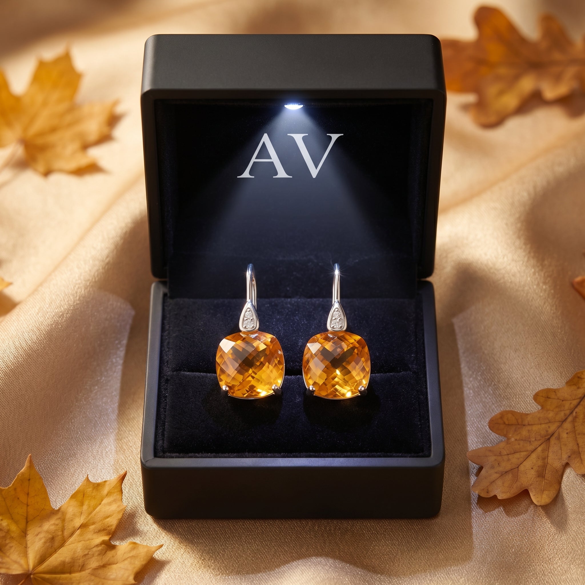 Silver cushion-cut natural citrine drop earrings presented in a lighted black jewelry box with autumn leaves.