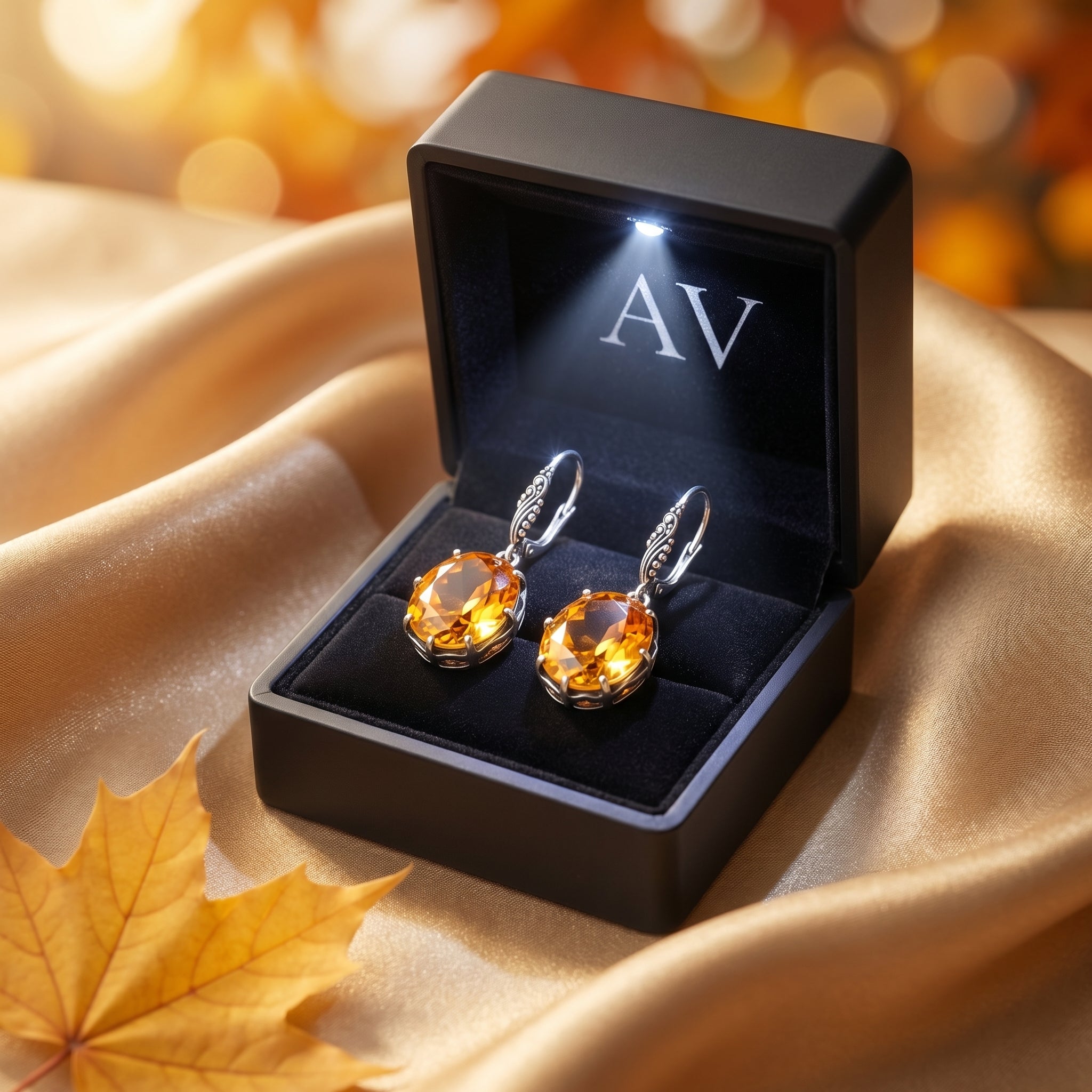Silver oval cut citrine drop earrings inside a black LED-lighted jewelry box on gold silk fabric.