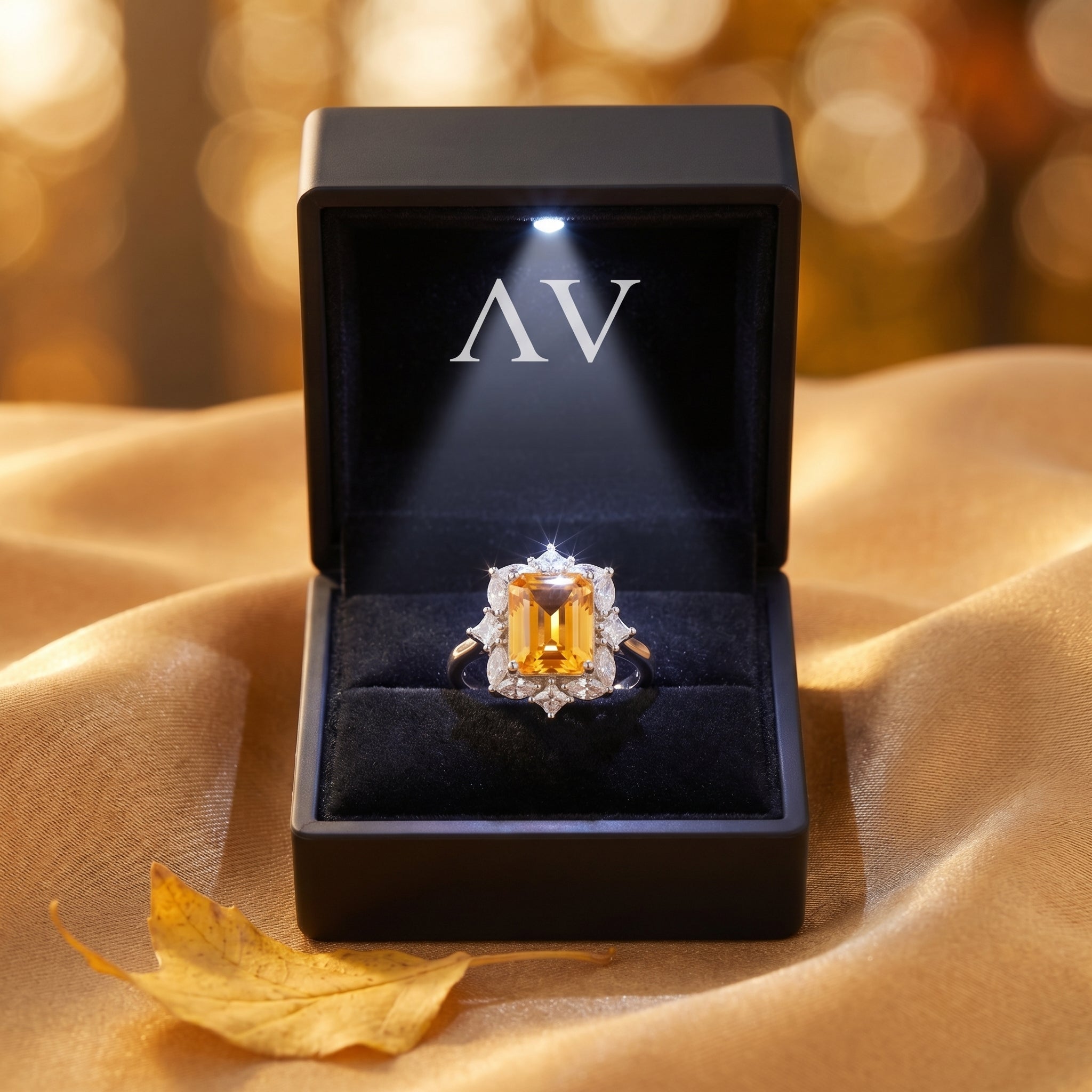 Rectangular citrine halo ring in silver, presented in a black LED-lighted jewelry box on gold fabric.