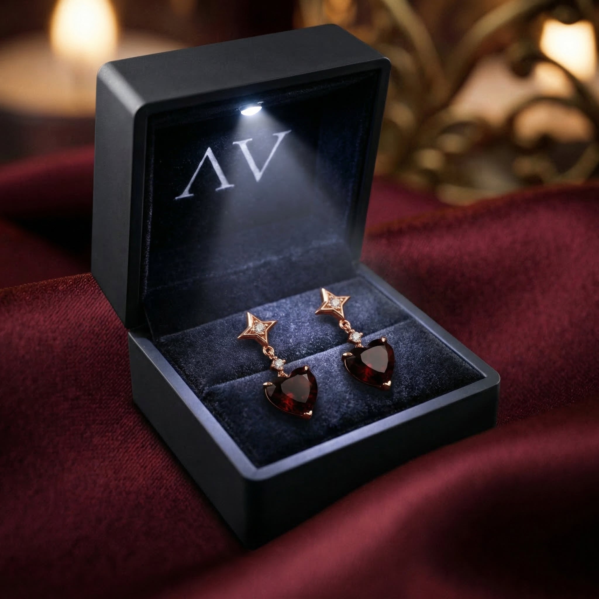 Rose gold heart cut garnet drop earrings inside a black lighted presentation box on red silk fabric.