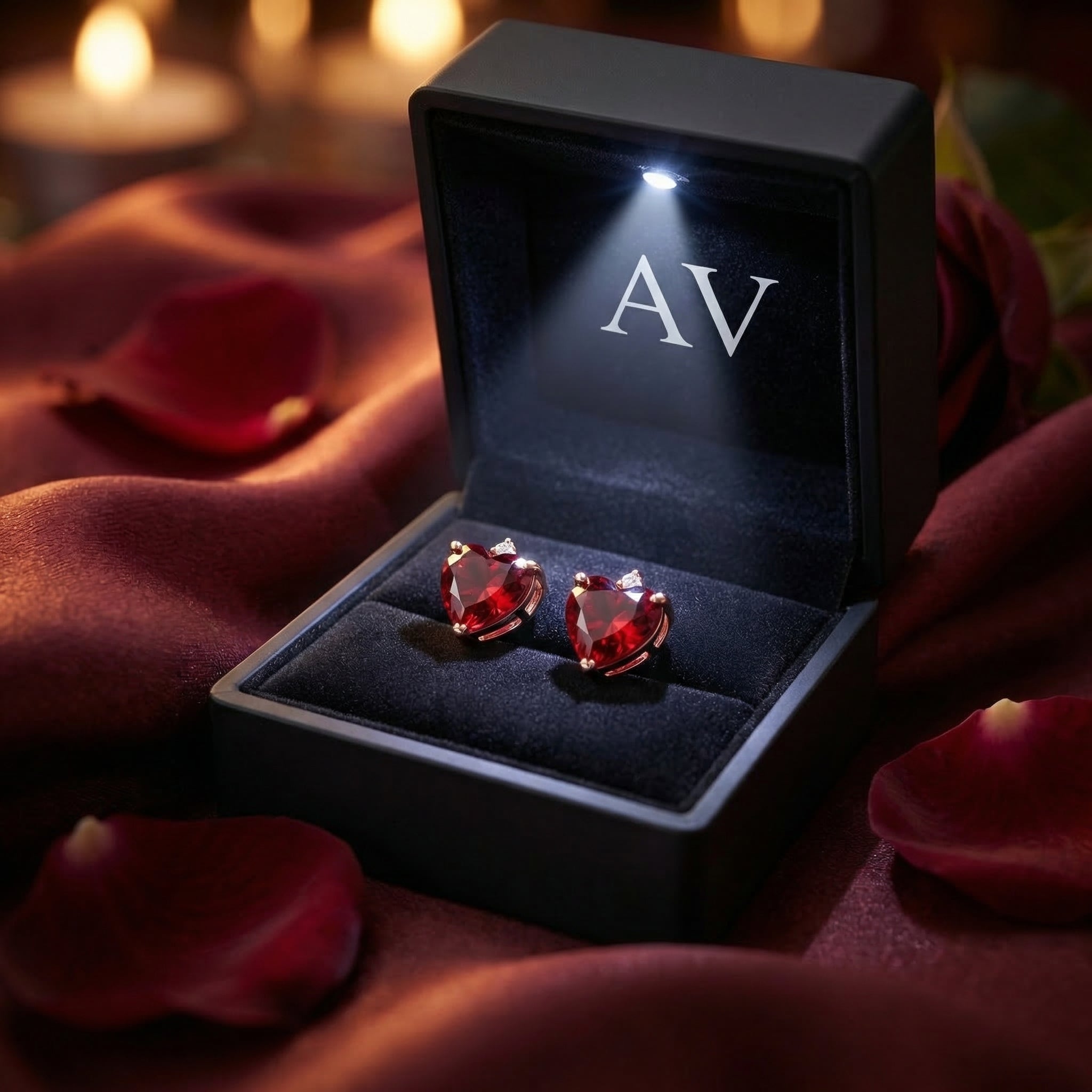 Heart-cut red garnet earrings in 18K rose gold presented in a black lighted jewelry box with AV logo.