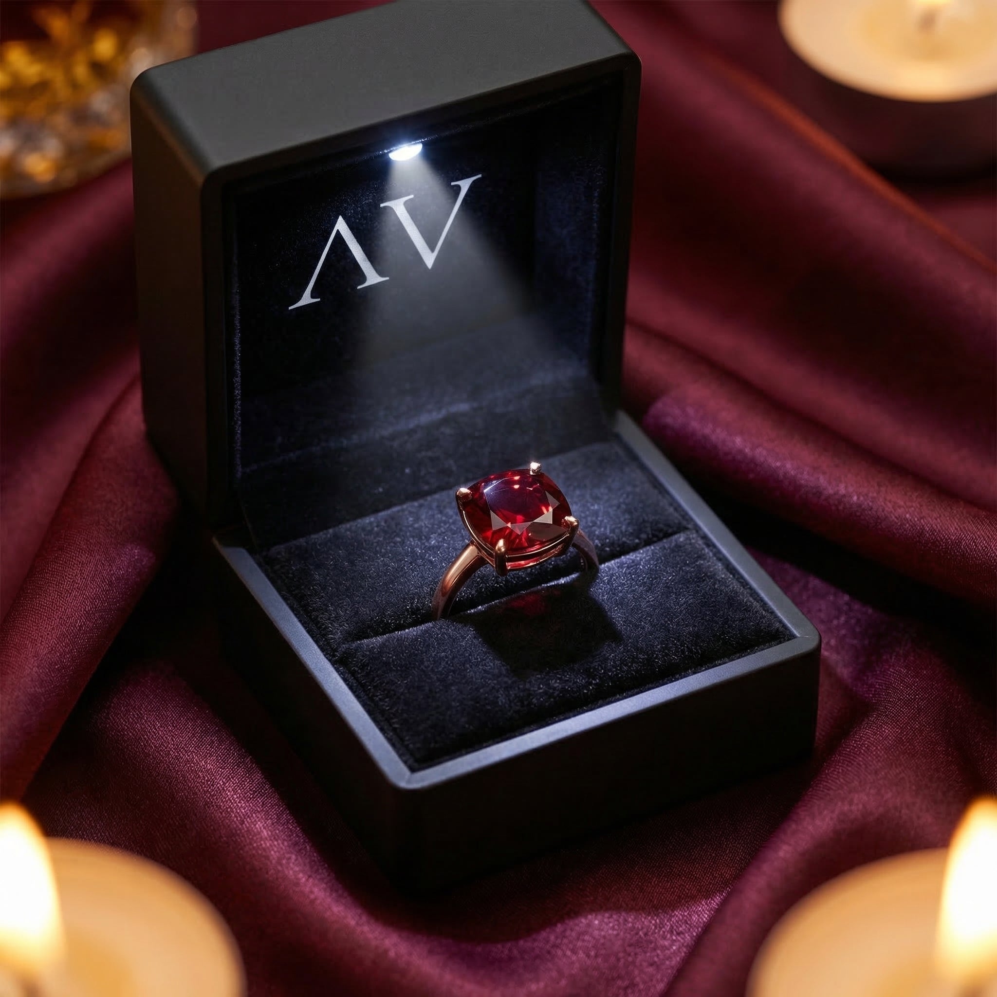 Luxury black LED-lit jewelry box showcasing the 18K rose gold cushion cut garnet ring on burgundy fabric.