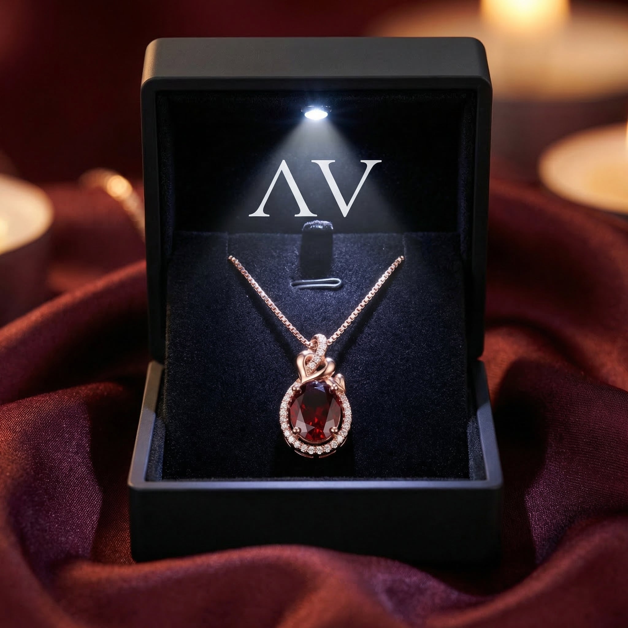 The Cerys oval garnet necklace in 18K rose gold, displayed in a black lighted jewelry presentation box.