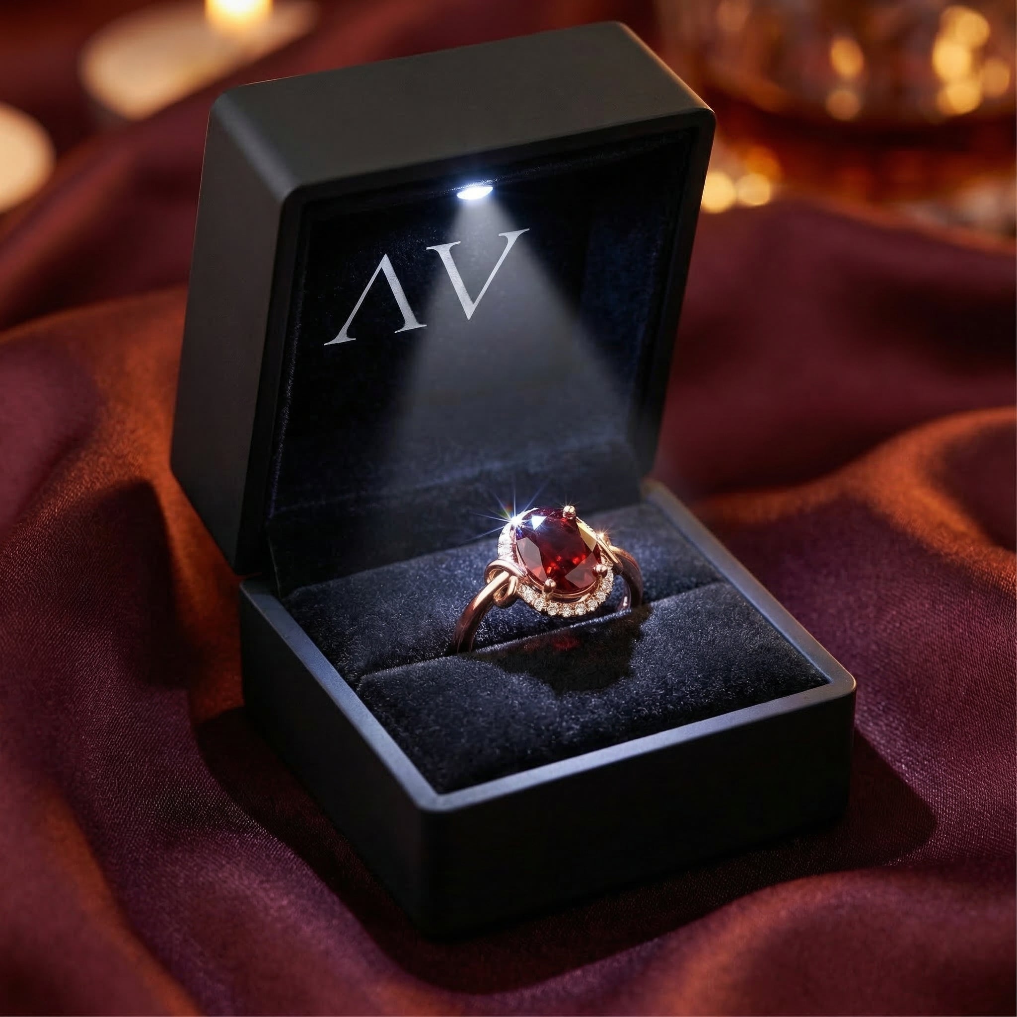 Oval garnet rose gold ring in a black LED-lighted presentation box, highlighting the gemstone's crimson fire.
