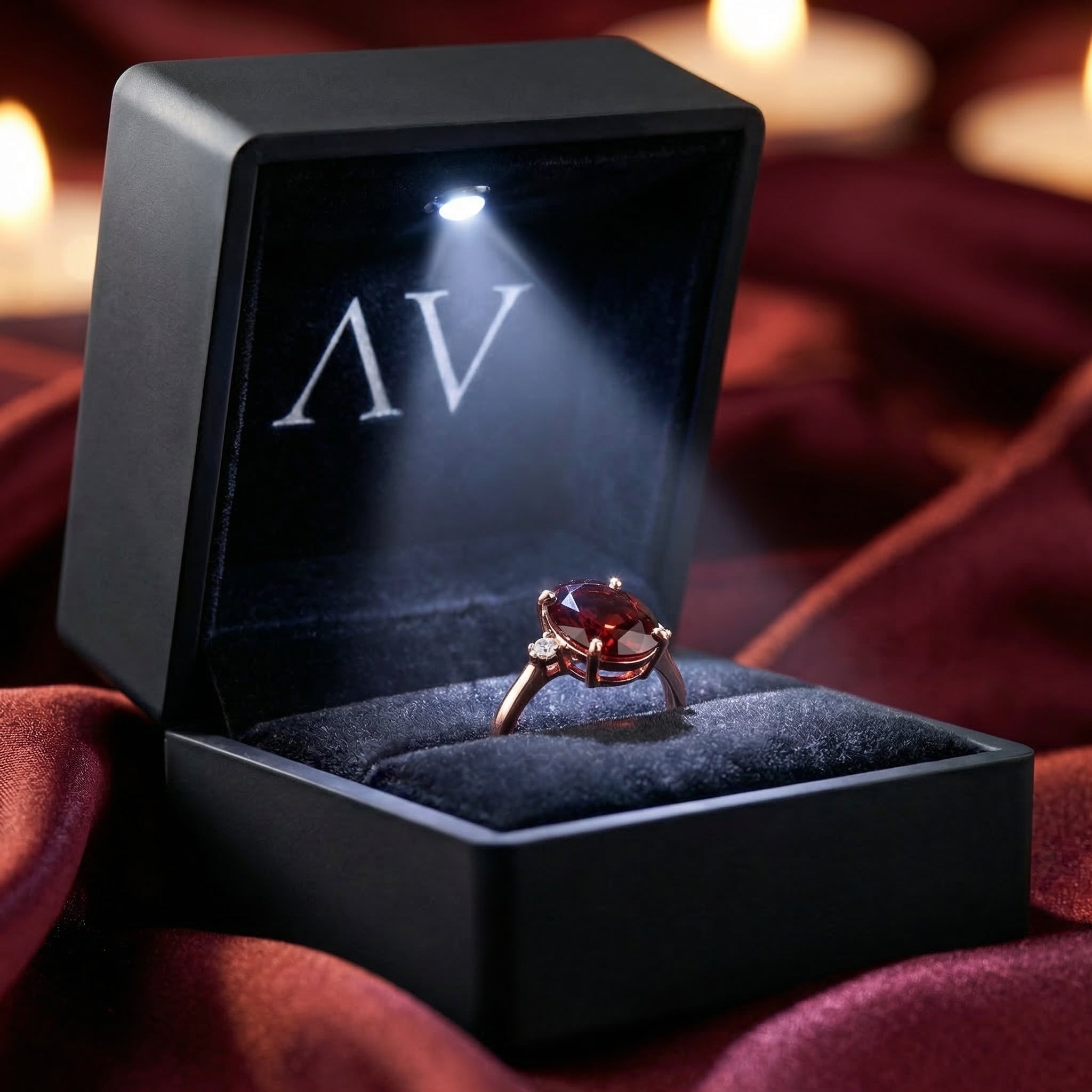 The Solange 18K rose gold garnet ring displayed in a premium black LED-lighted presentation box.