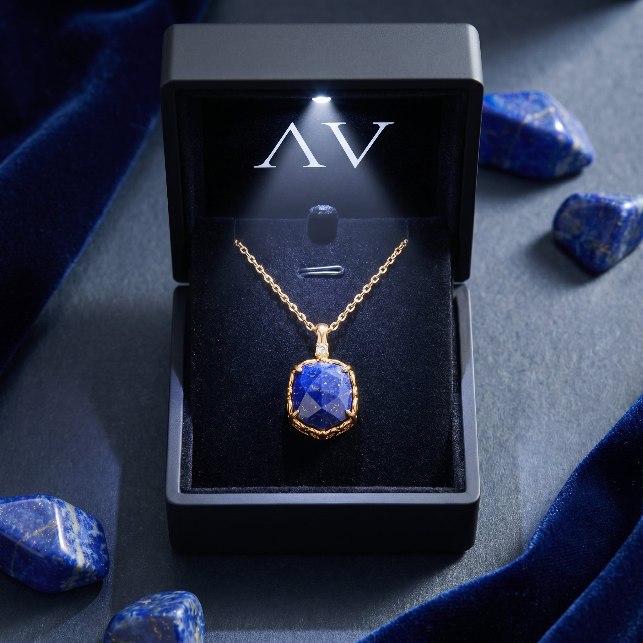 Gold hexagon lapis lazuli necklace in a black lighted jewelry box surrounded by raw gemstones.