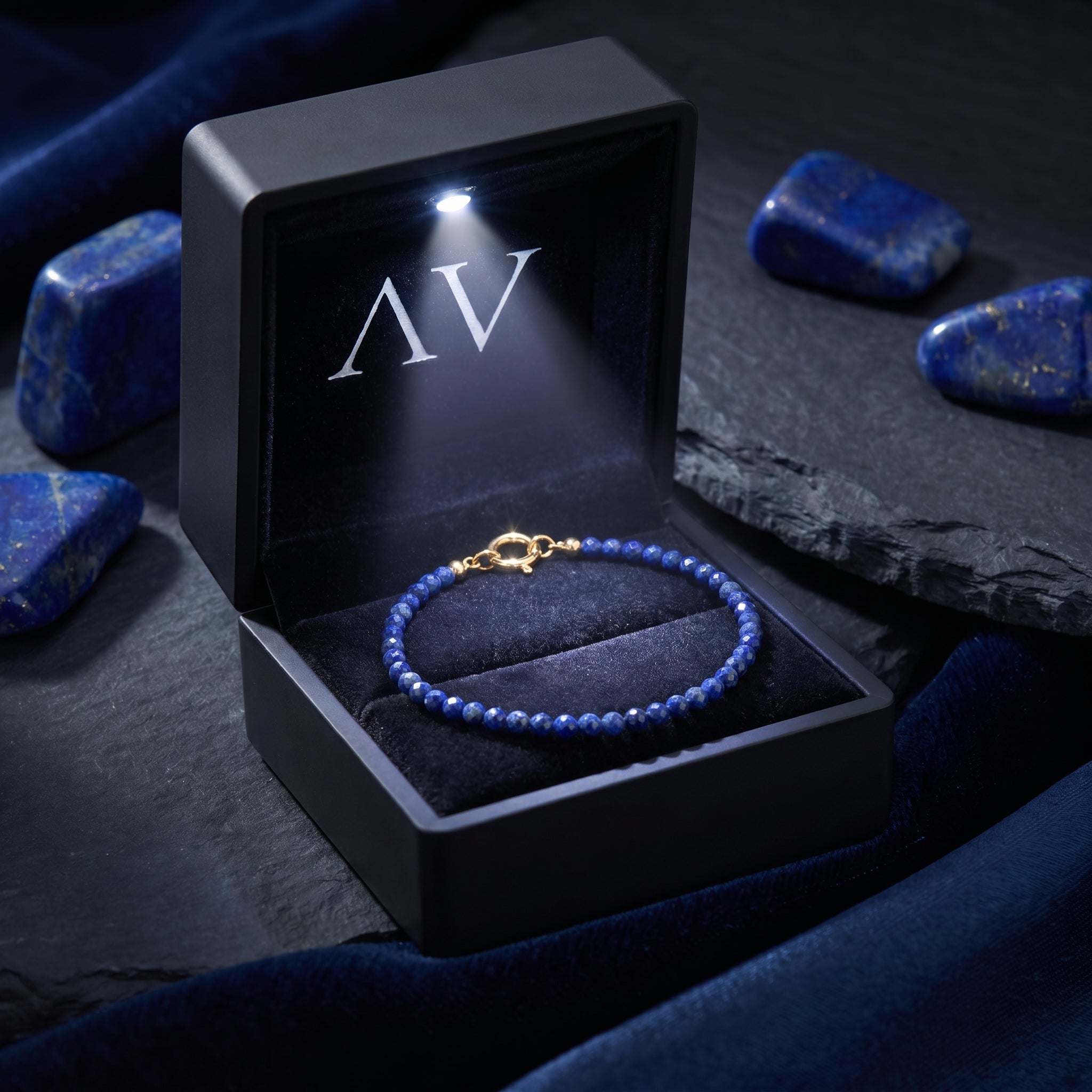 Faceted lapis lazuli bead bracelet with gold clasp in a black lighted jewelry gift box.