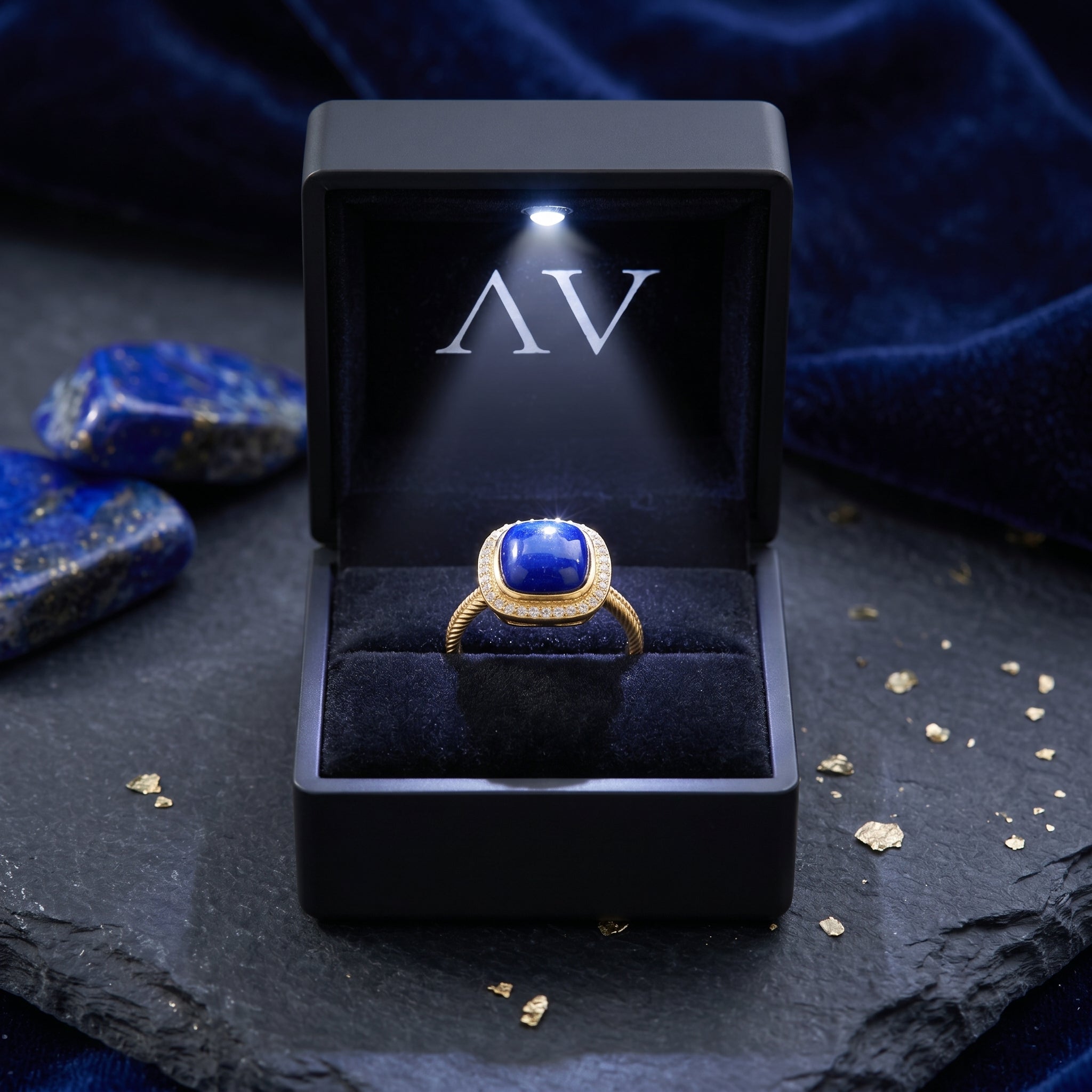 Square natural lapis lazuli gold ring presented in a black lighted jewelry gift box with AV branding.