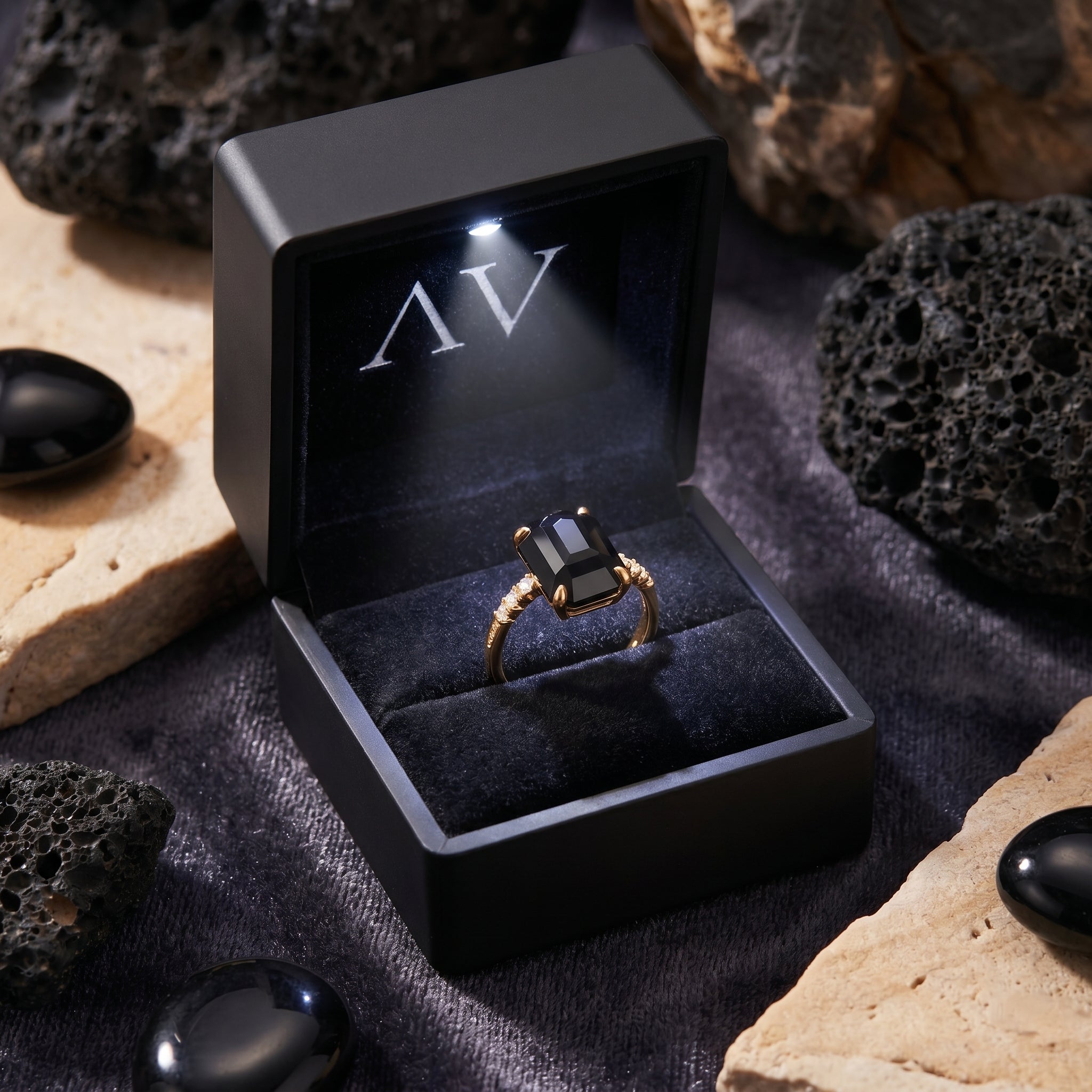 Noctura natural onyx statement ring in 18K gold vermeil presented in a premium black lighted jewelry gift box.