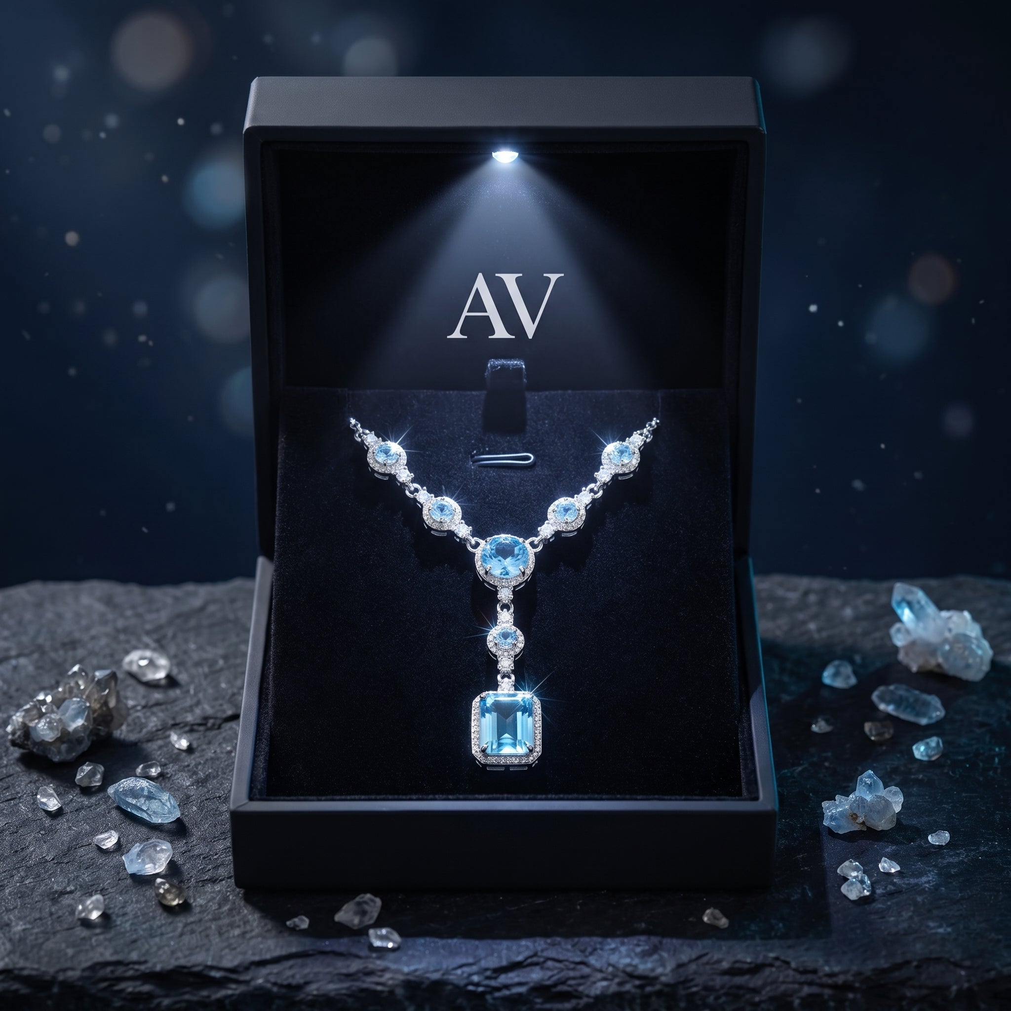 Natural blue topaz pendant necklace in white gold displayed in a black LED-lit jewelry gift box.