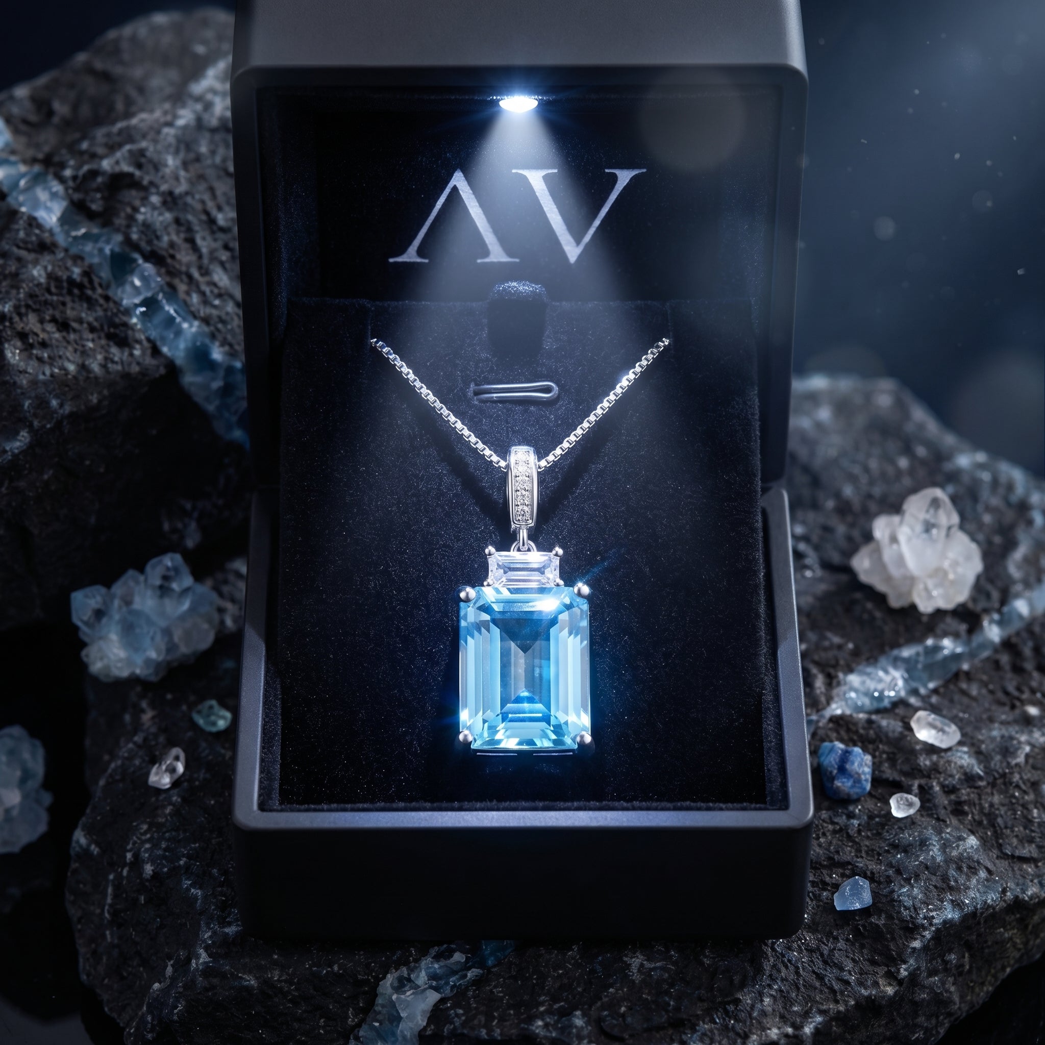 Emerald cut blue topaz necklace in a black lighted gift box with silver logo, resting on a rocky surface.