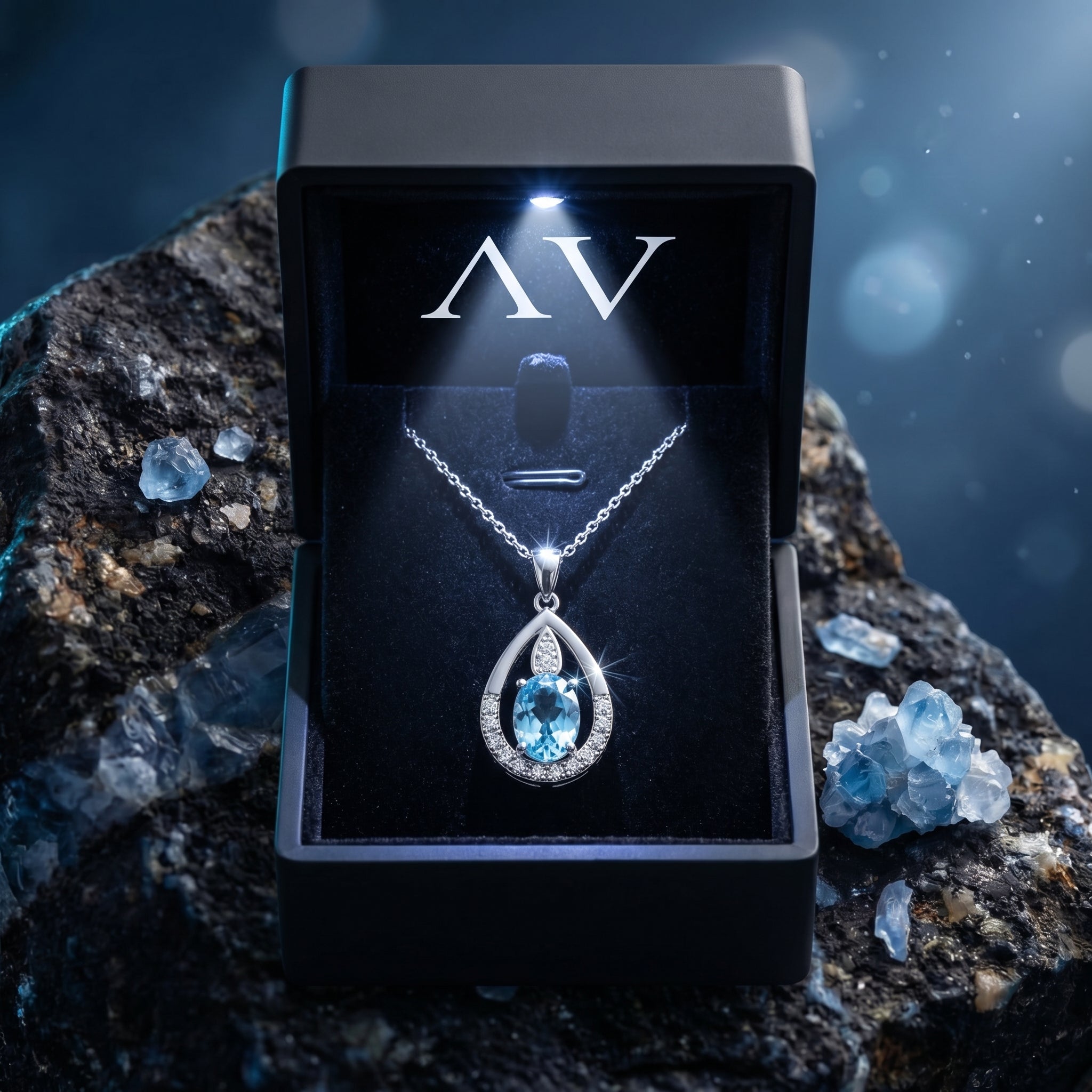Silver blue topaz pendant necklace presented in a black LED-lit gift box on a dark, textured rock.