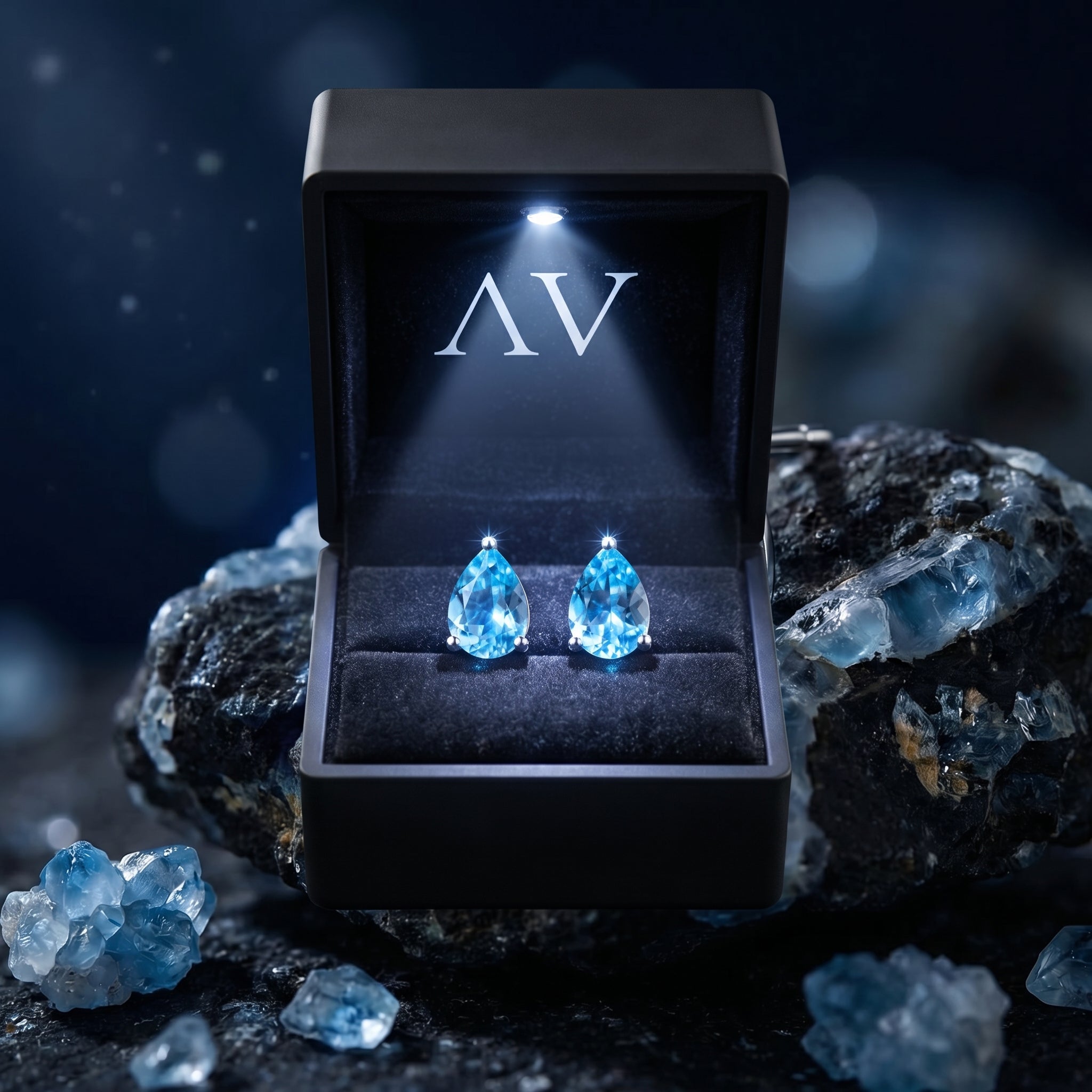 Pear-cut Swiss blue topaz earrings in a black lighted gift box, displayed on a dark textured rock background.
