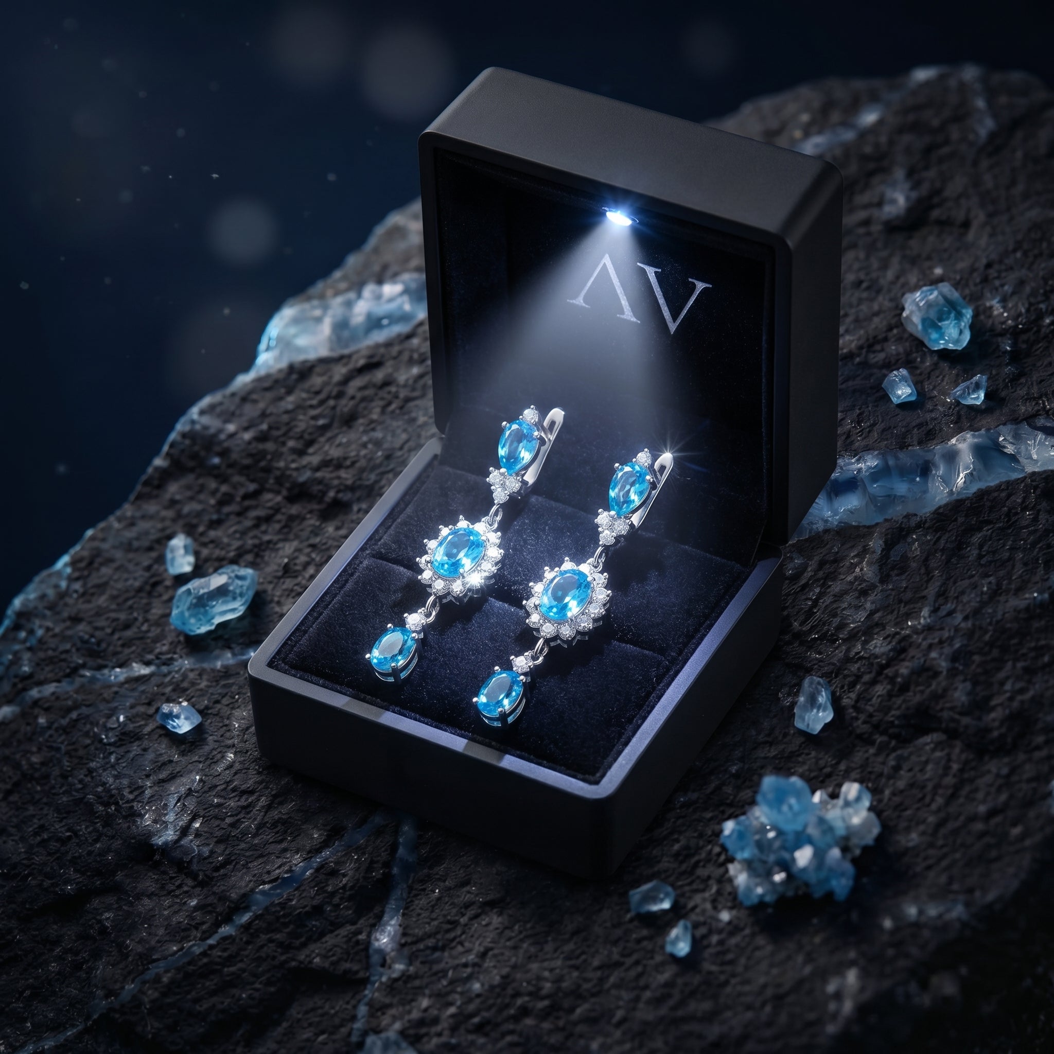 Swiss blue topaz silver drop earrings presented in a lighted black gift box on a dark stone background.
