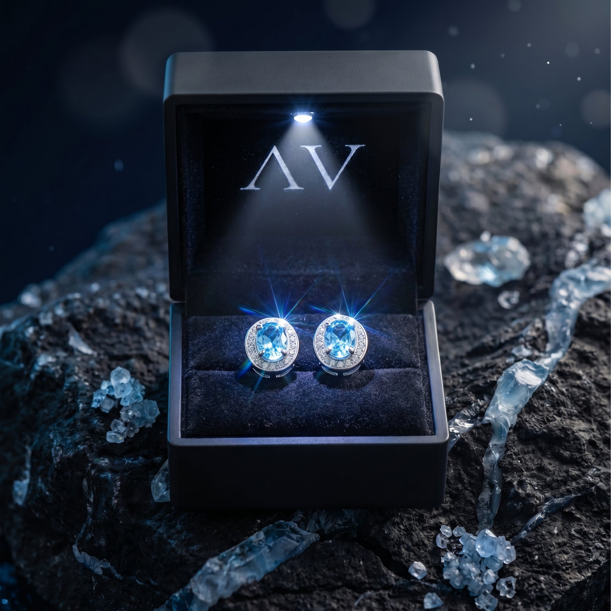 White gold oval natural blue topaz halo stud earrings inside a black lighted jewelry presentation box.