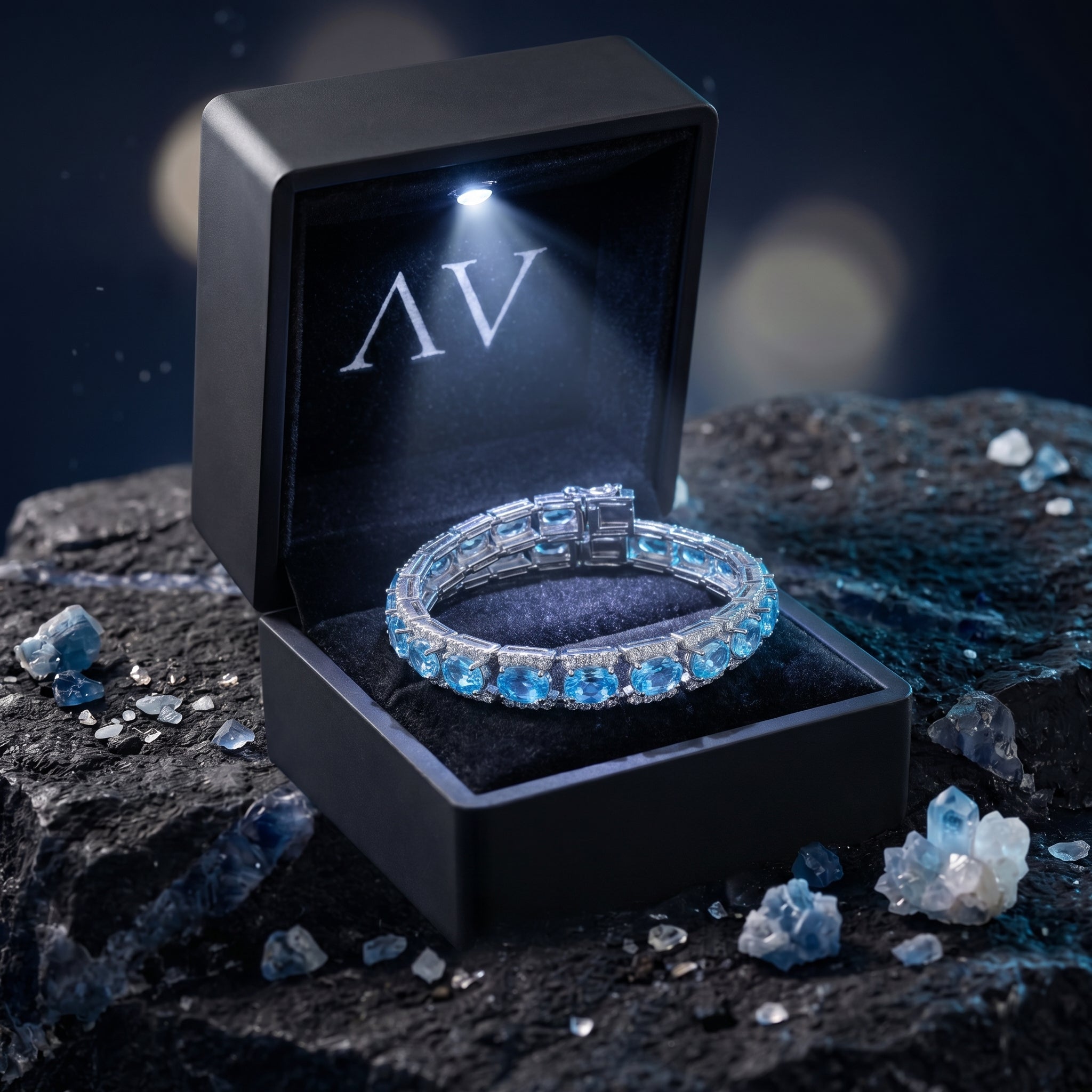 Natural blue topaz tennis bracelet in a black LED-lit gift box on a dark textured background.