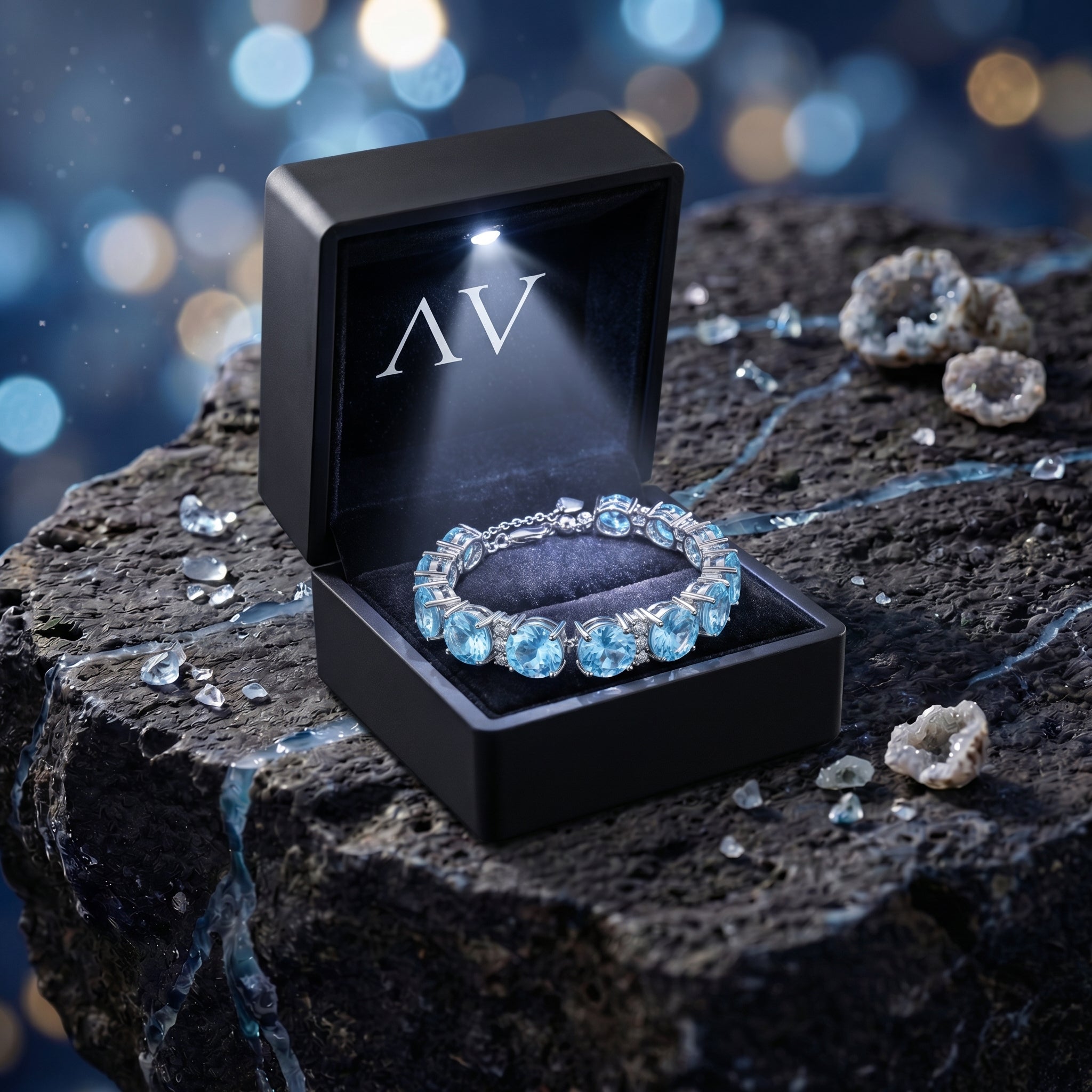 Natural topaz bracelet in a silver setting inside a lighted black jewelry gift box.