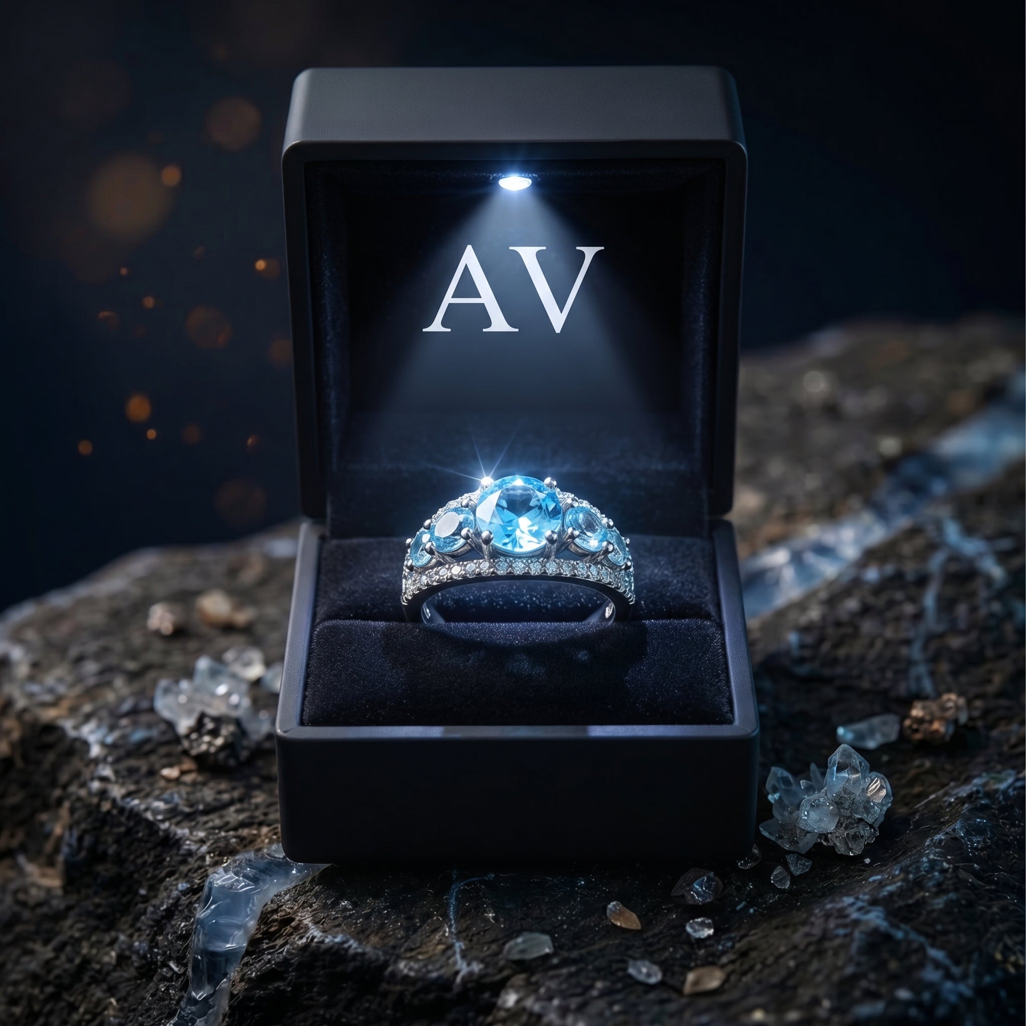 Sterling silver Swiss blue topaz ring in a black illuminated gift box with AV branding.