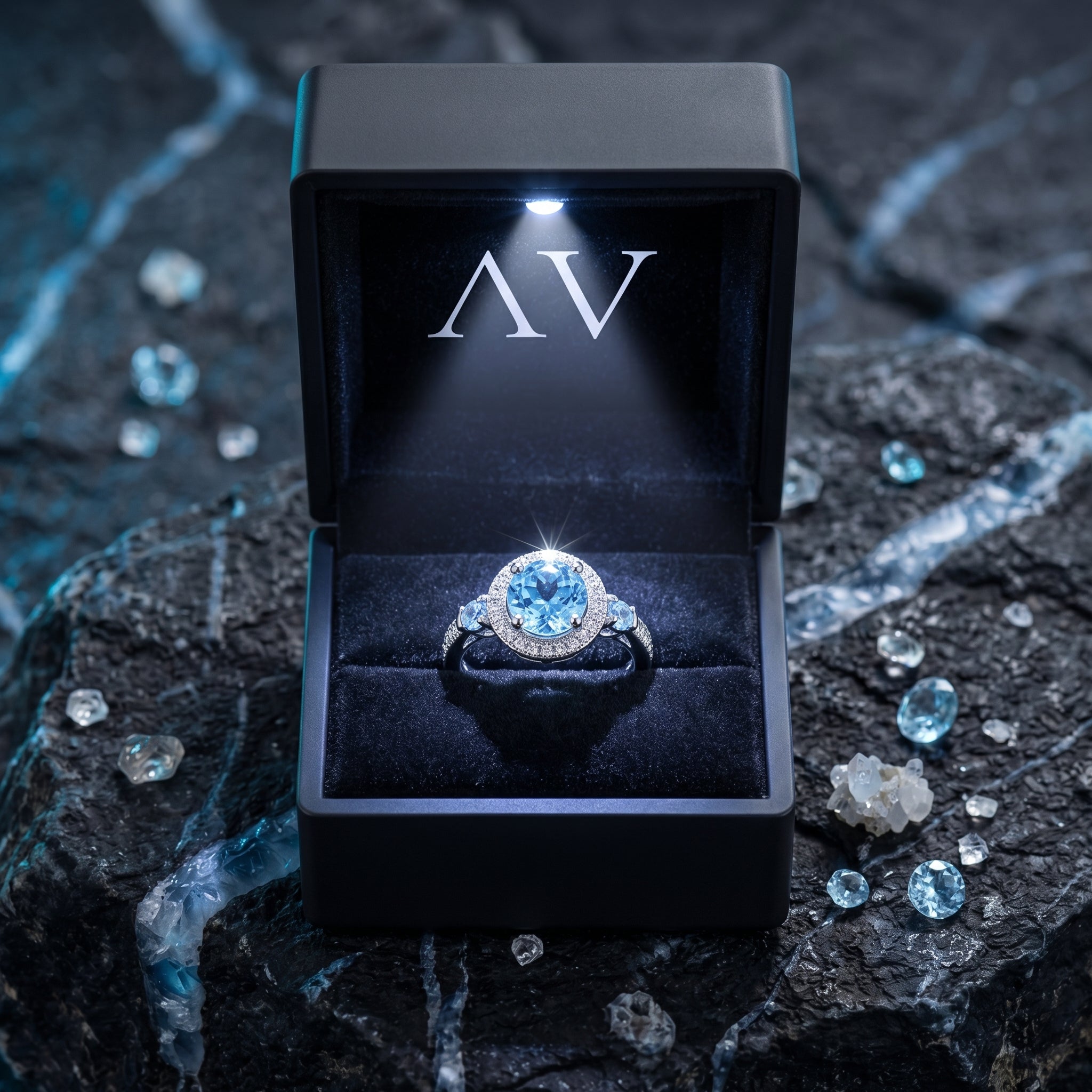 Round cut blue topaz silver ring presented in a black LED-lit jewelry box on a dark, rocky surface.