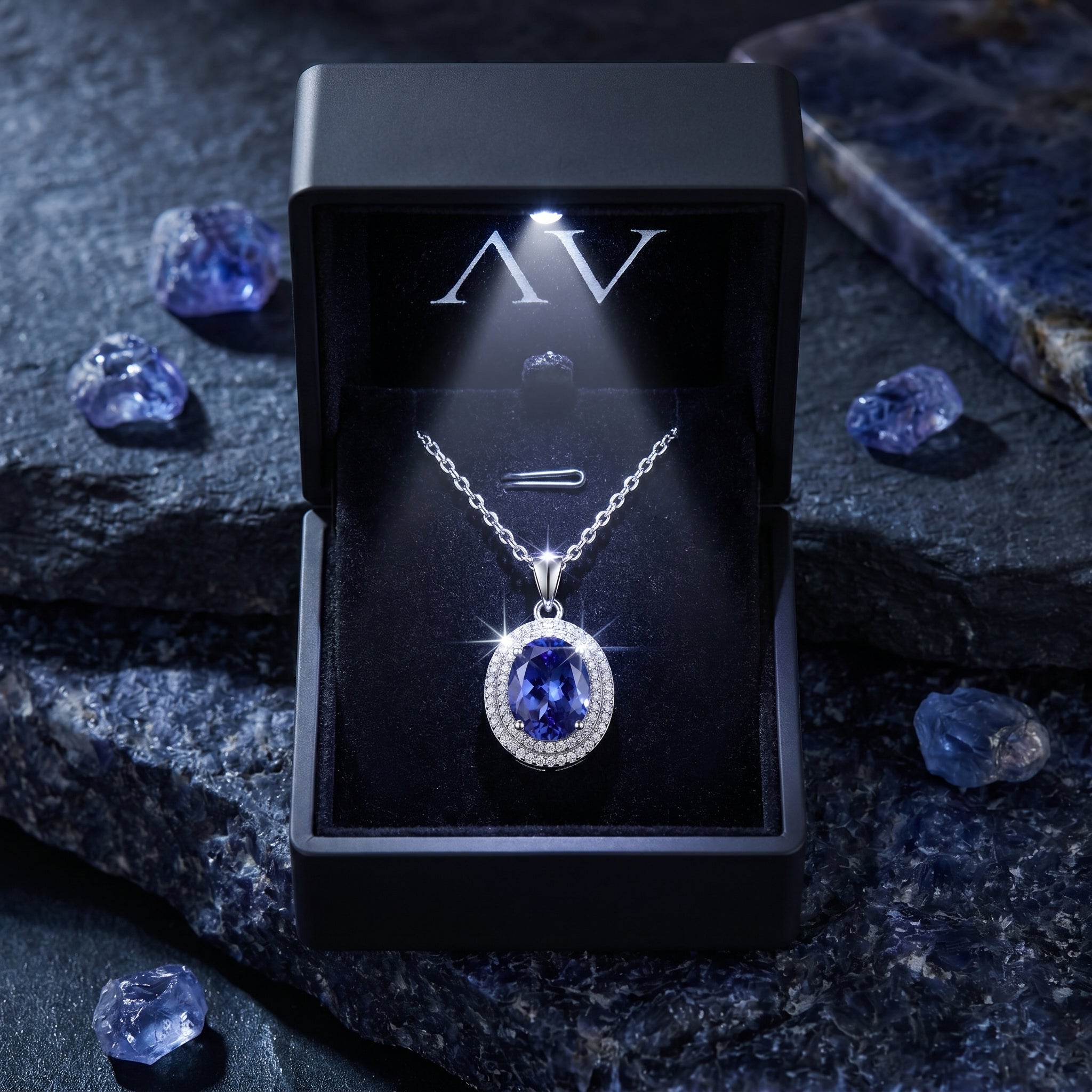 The Oreliana tanzanite necklace inside a lighted black jewelry gift box on a dark stone background.