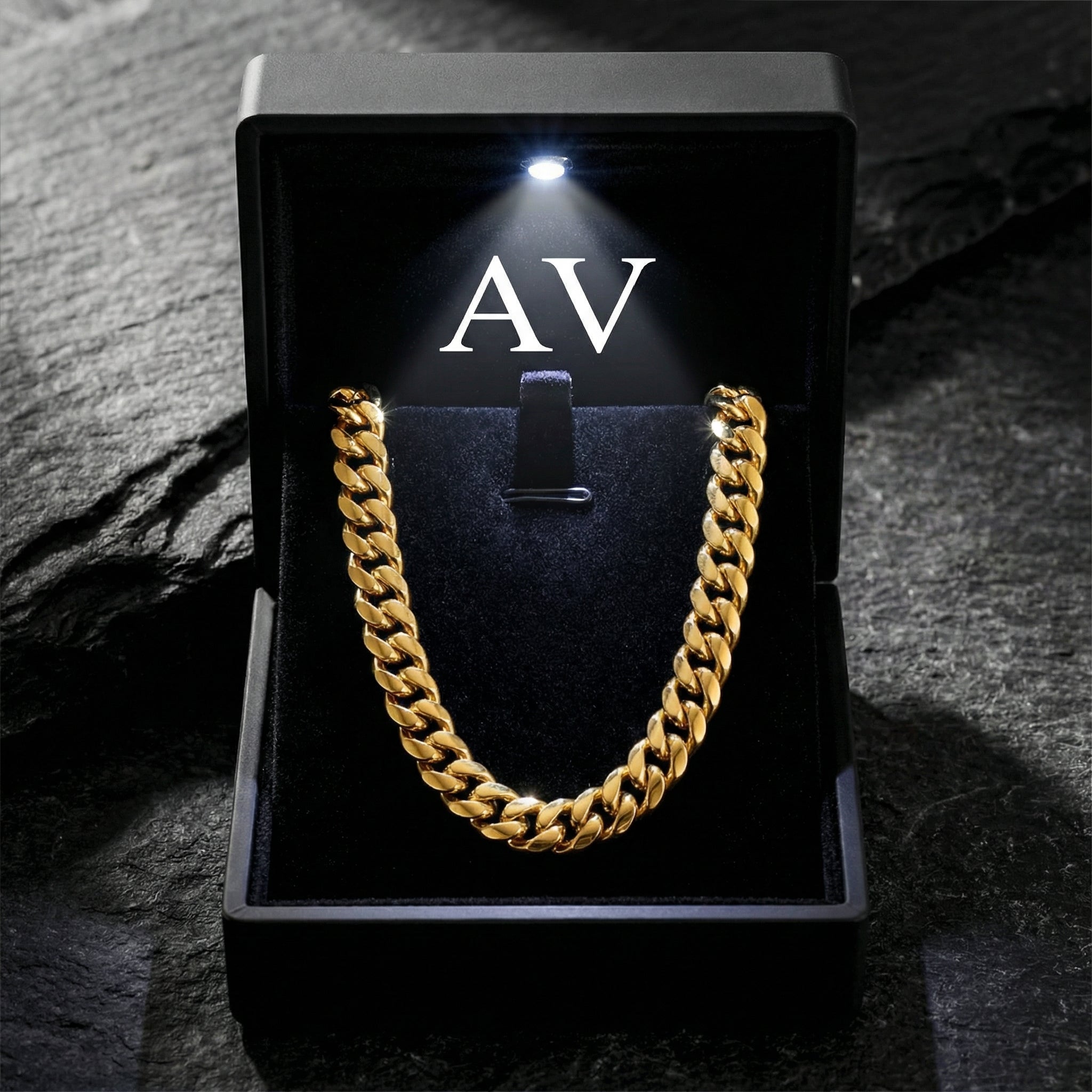 8mm gold Cuban link chain necklace inside a black illuminated jewelry gift box with AV branding.
