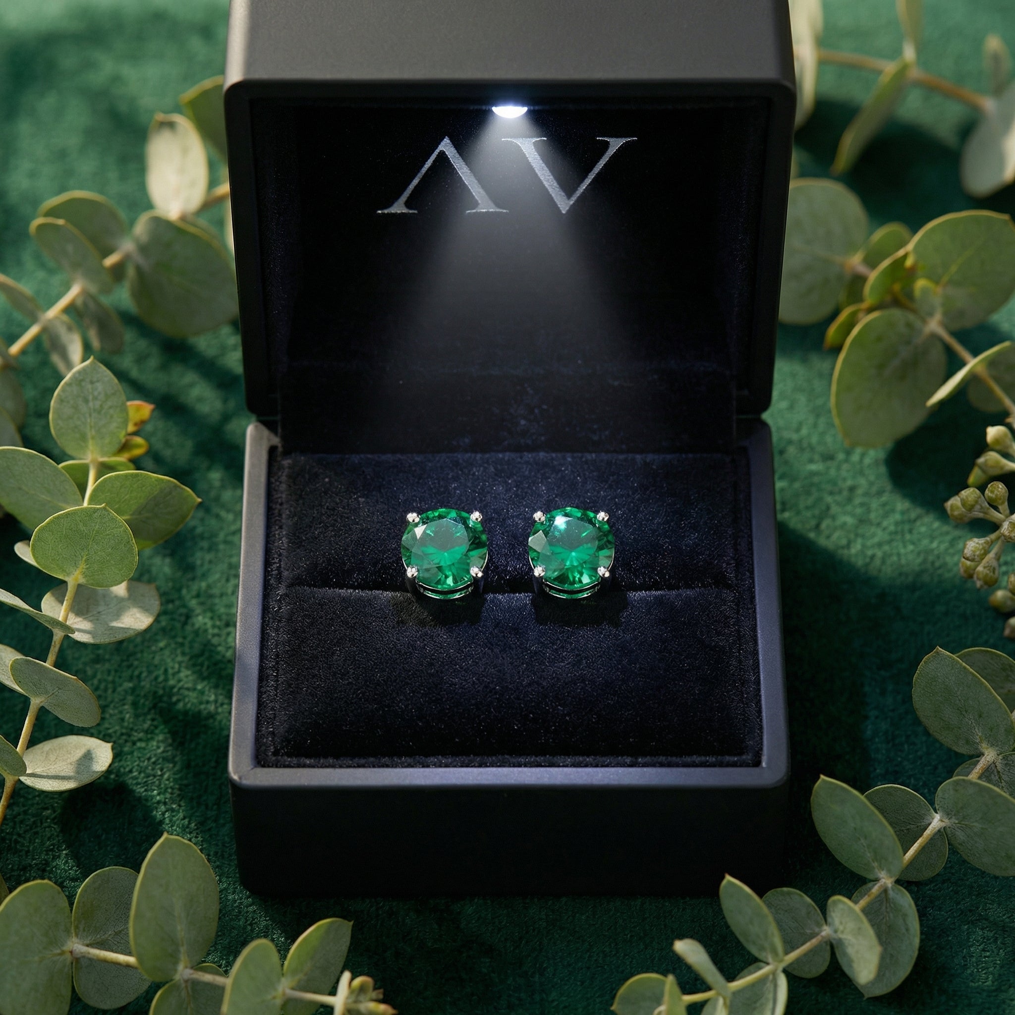 Simulated emerald stud earrings in sterling silver inside a black LED-lit jewelry gift box.