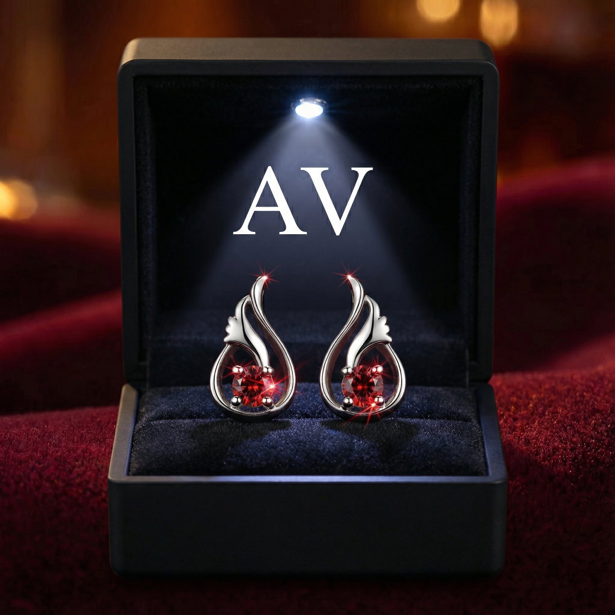 Sterling silver red garnet Tulipia earrings inside a black jewelry box with an integrated LED light.