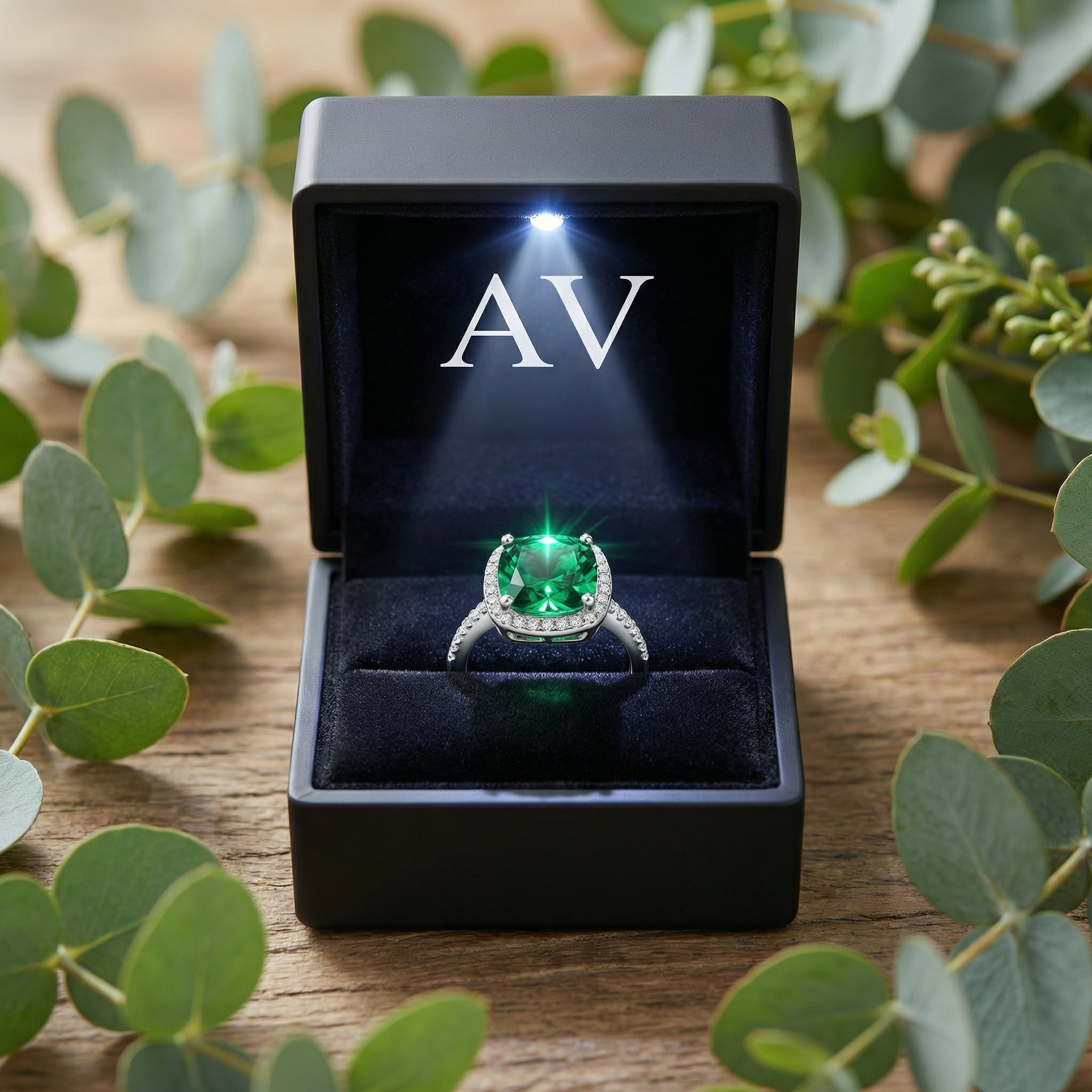 Cushion-cut simulated emerald ring in a black LED-lit jewelry box with eucalyptus leaves.
