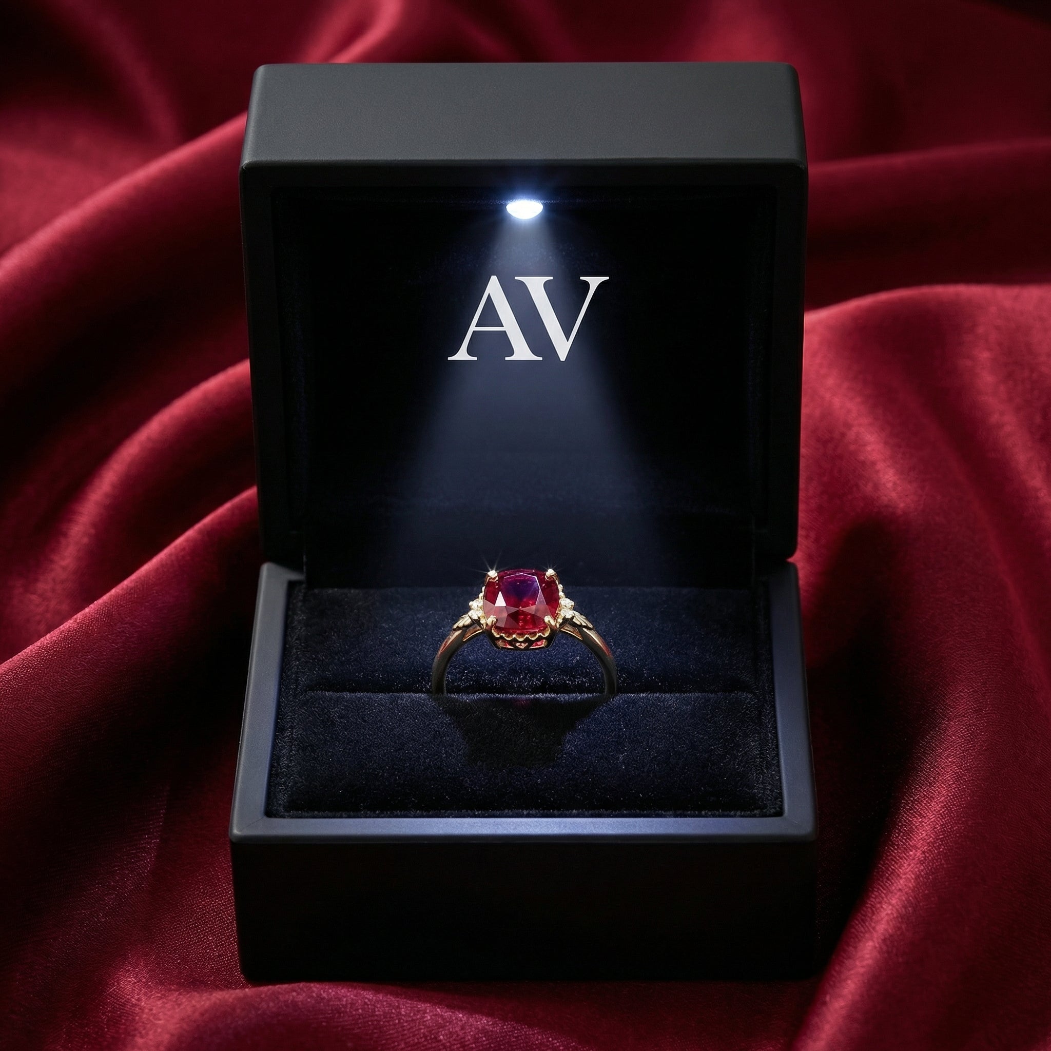 Cushion-cut simulated ruby ring in 18K gold vermeil inside a black lighted jewelry box.