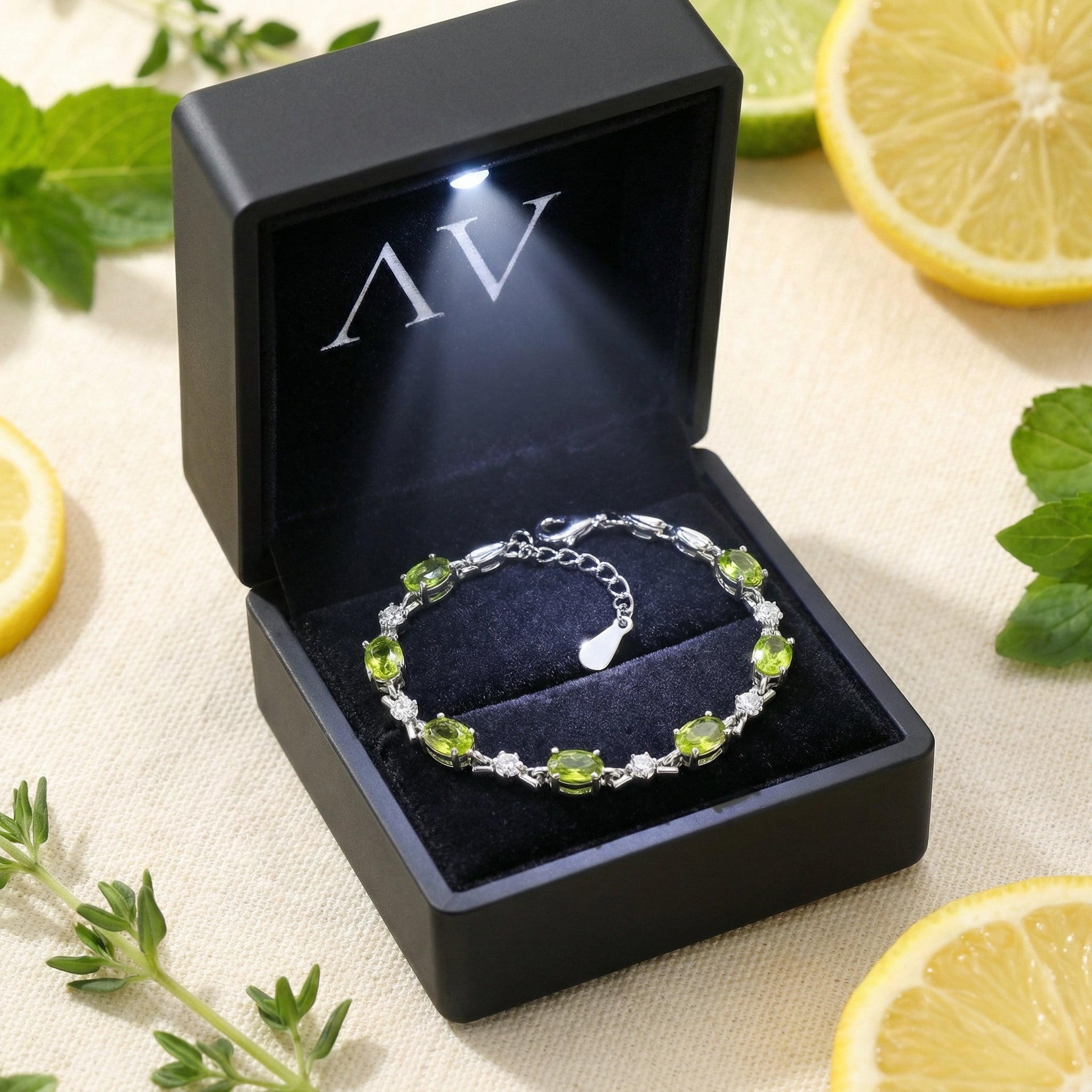 Oval peridot bracelet in silver presented inside a black LED-lit jewelry gift box with lemon and mint accents.