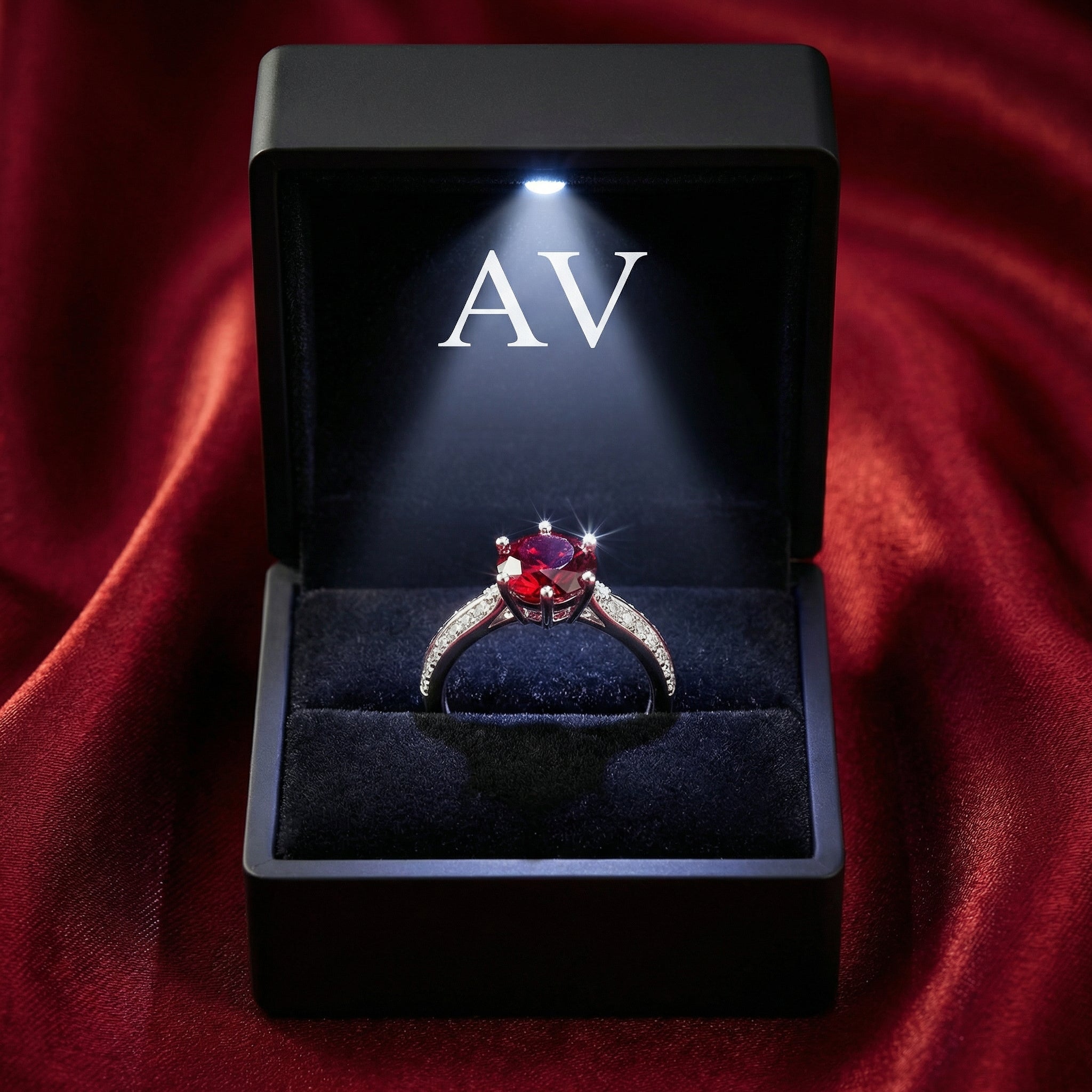 Round cut simulated ruby solitaire ring in sterling silver presented in a lighted black jewelry gift box.