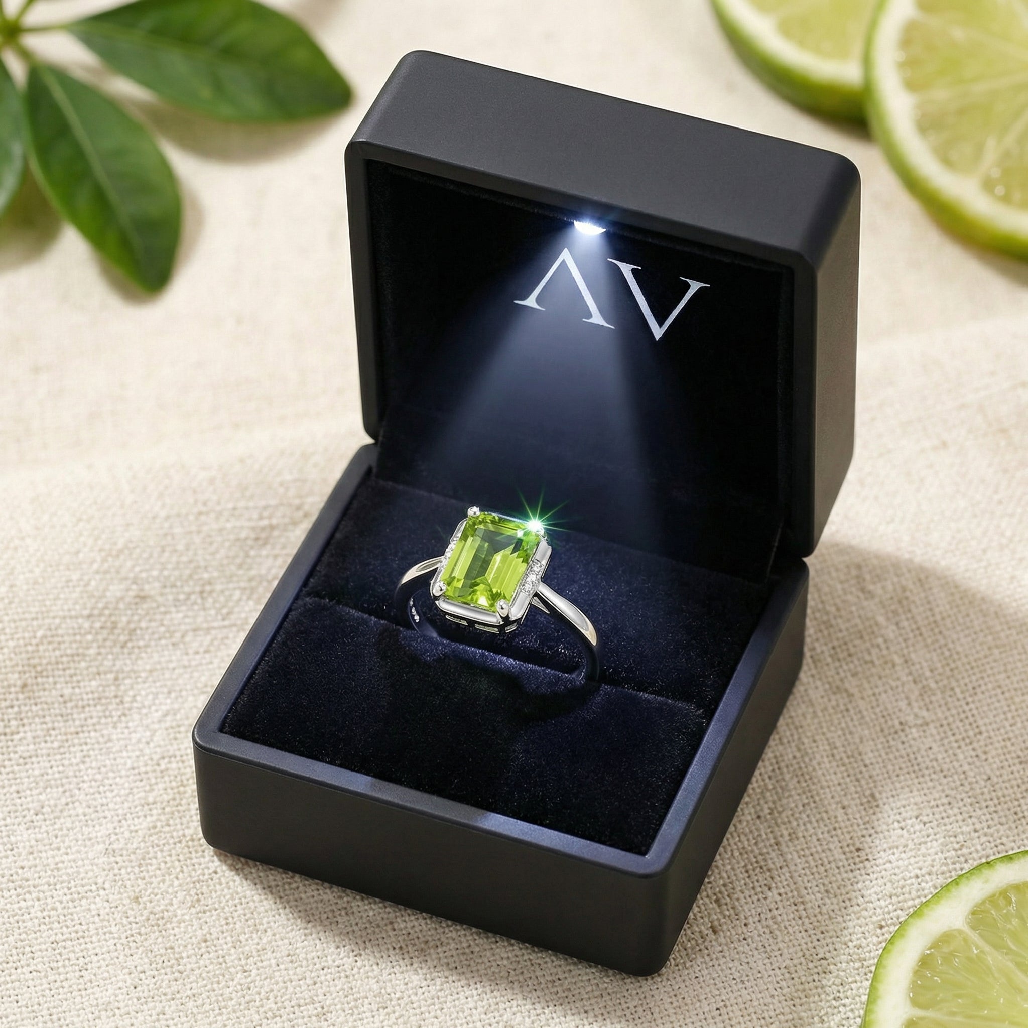 Emerald cut simulated peridot ring in S925 sterling silver inside a black LED-lit jewelry gift box.