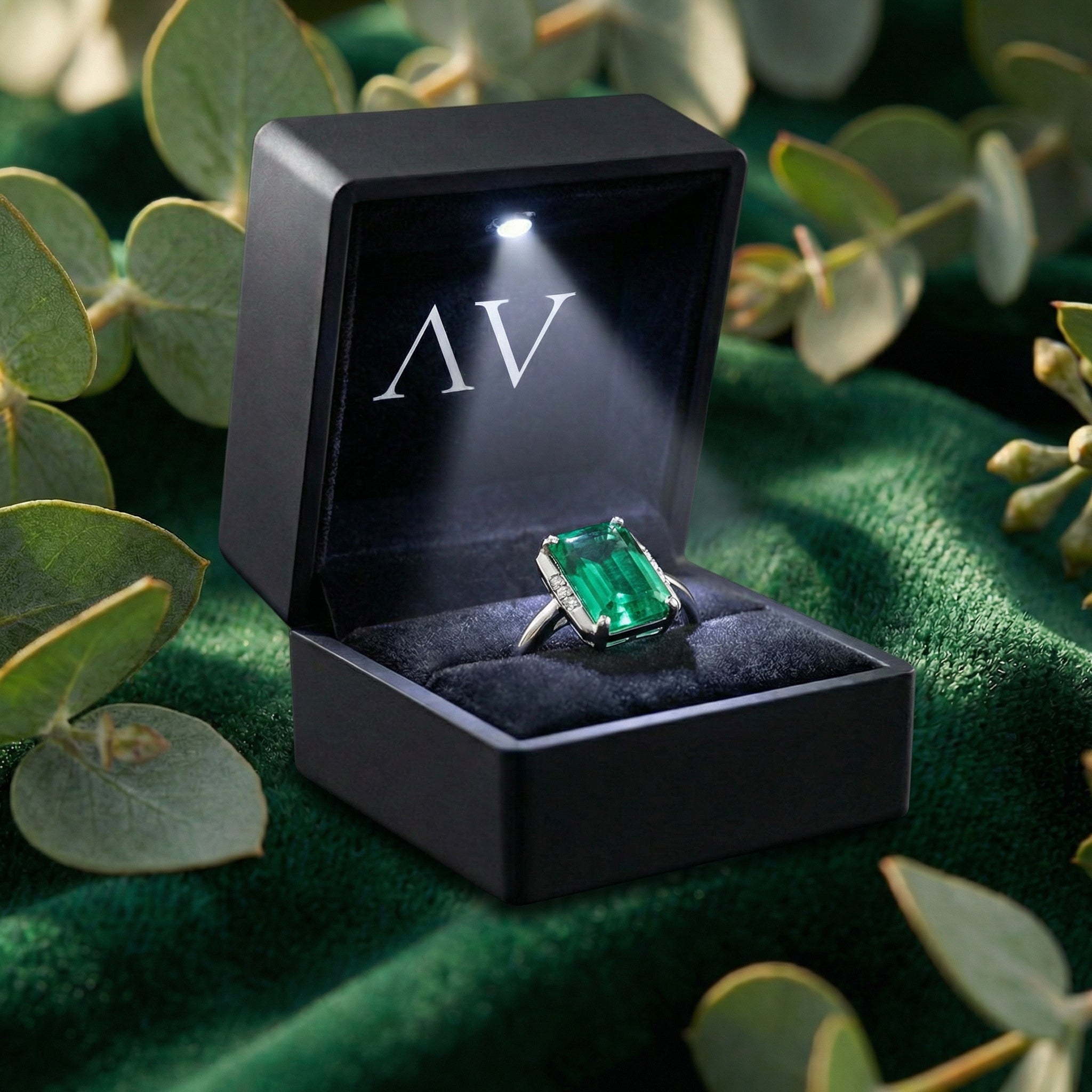 Emerald-cut simulated emerald sterling silver ring in a black LED-lit jewelry presentation box.