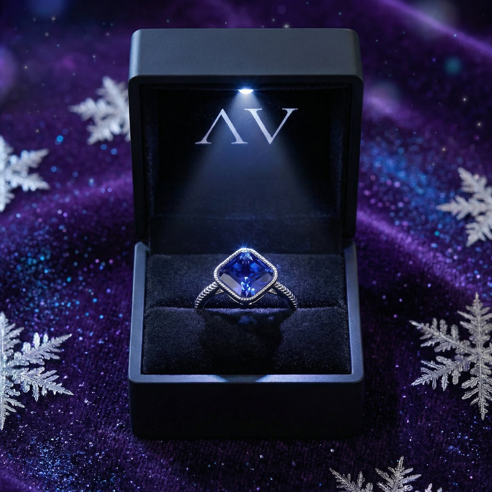 Aurellise silver tanzanite ring inside a black LED-lit jewelry box on a winter-themed background.