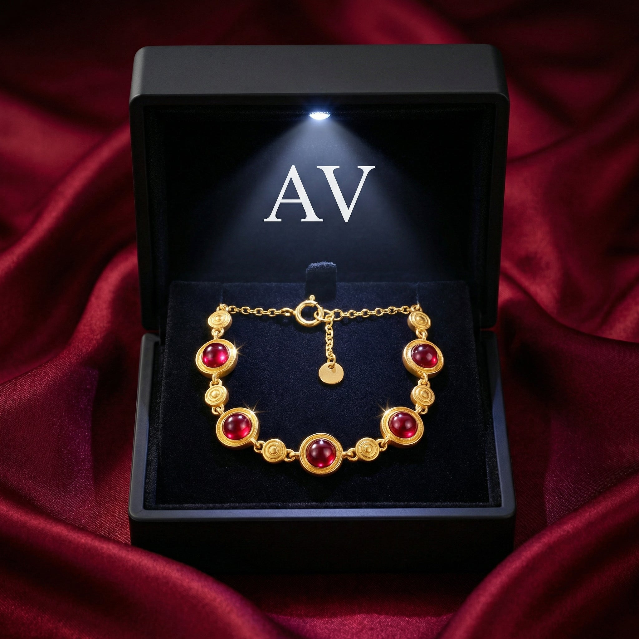 18K gold vermeil Rosara station bracelet with red simulated rubies in a black LED-lighted gift box.
